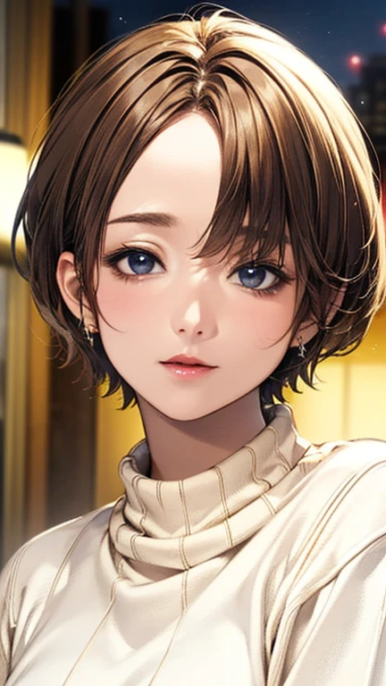 (Top quality masterpiece:1.2) Delicate illustrations, Very detailed, /Beautiful Japanese Woman、1 person,Very cute and slim、Excellent style 、((8K images、super high quality))、Very delicate face, Beautiful forehead、Beautiful thighs、Bright red lipstick,(((((short hair、Light brown hair、Blonde hair))))),very cute、Kind eyes,((((Oversized sweater))))、starry skies、Tokyo night view