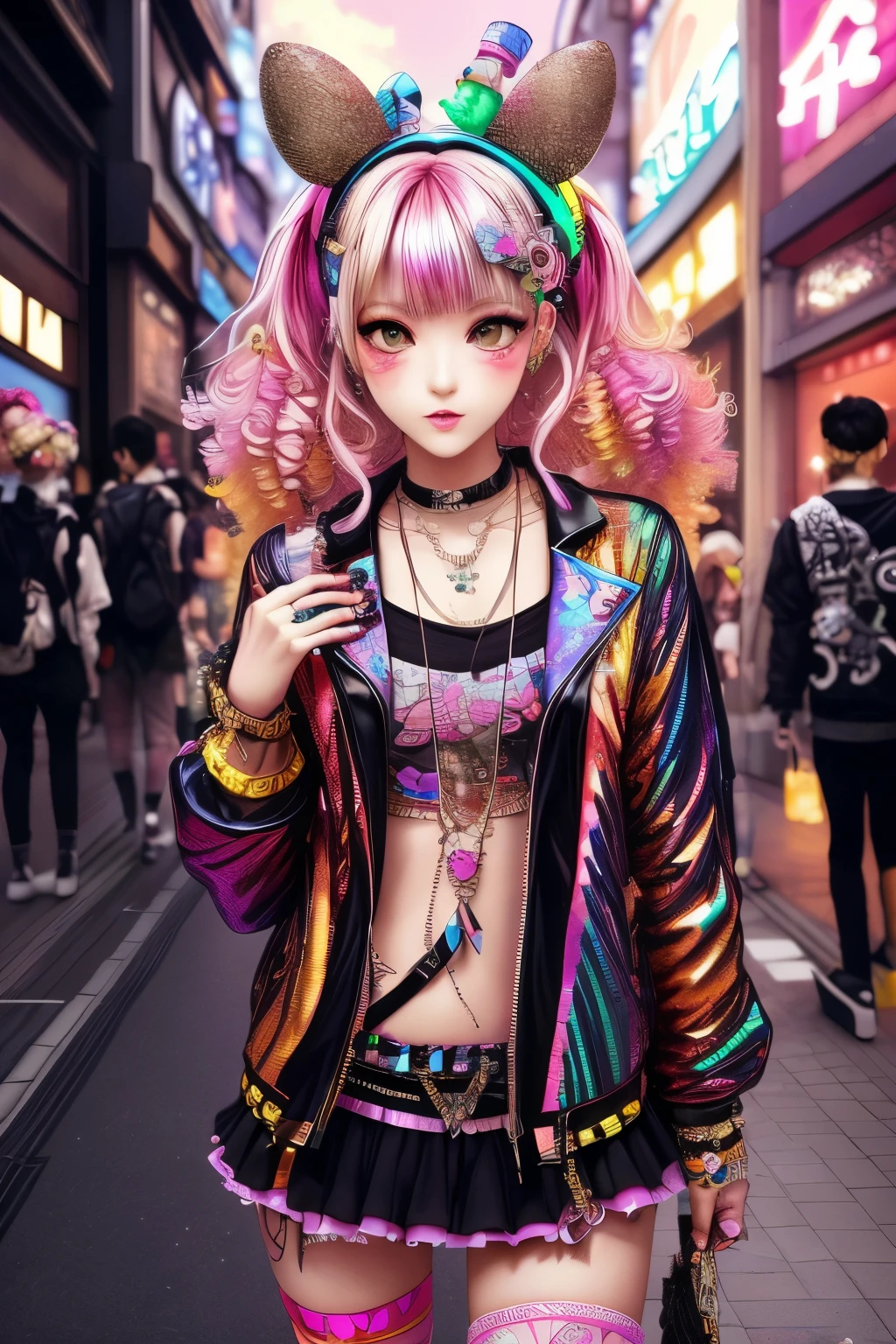 This is a colorful and ornate (masterpiece). Generate a trendy decora woman in the colorful and busy streets of Akihabara, Tokyo. Generate a lovely decora adult woman in the style of Olya Anufrieva on Artstation and Harajuku street fashion. Her clothes are vibrant in the Harajuku style. Include oversized accessories, neon colors, and inventive layering. The woman's clothes and accessories should be highly ornate in the ((((Harajuku decora)))) and decora kei style.  The woman's hair is curly and glossy and styled cutely. The woman's clothes and accessories should be highly ornate in the Harajuku decora and decora kei style. Her eyes are important and stunning, with interesting coloring and patterns. ((((iridescence and shimmer)))), glitter, best eyes, best quality, cyberpunk kei, visual kei, selfie, bold colors and patterns, LED lights, ((glowing neon signs)), ((ultra detailed)), dynamic composition, (((decora)))