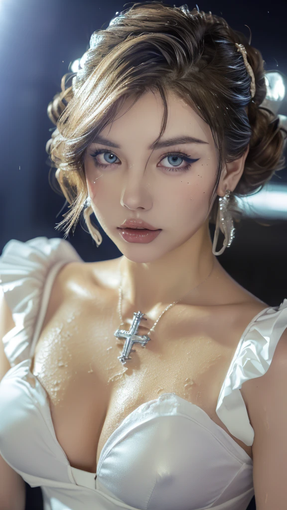 1 miniature Beautiful beautiful woman - Yuan Sayuki, ((top quality, 8K, Masterpiece:1.retty woman, 1 woman, huge breasts:1.3, a slim body:1.1, lush GINGER long hair with 2 buns, (shower, wet body, wet clothes:1.1), very detailed face, detailed lips, detailed eyes, double eyelids, Detailed blue eyes, чрезвычайно Detailed Outstanding Blue Eyes, long GINGER wet hair, GINGER wet hair, Detailed Outstanding Blue Eyes, innocent look at the viewer, very wet wavy white hair, Detailed Outstanding Blue Eyes, huge cross earrings, Outdoors, badges behind, gothic maid uniform,  sexy maid dress, bare chest, huge chest tattoo, detailed huge catholic cross earrings, chest tattoo, Outside, wear a silver cross (Detailed cross shape), reality mode, wet breasts, black necklace, human crowd behind, black latex gloves, hair of white snowy colour, night time, red neon lights, demonic nun, nimbus (golden lighting ring above her head), angel, snowy weather, sexy pose, white lingerie, black maid dress, detailed flower wreath made of different colours, open chest