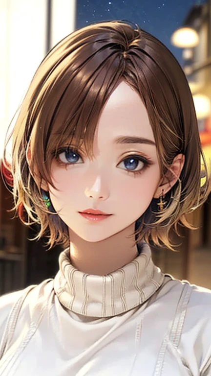 (Top quality masterpiece:1.2) Delicate illustrations, Very detailed, /Beautiful Japanese Woman、1 person,Very cute and slim、Excellent style 、((8K images、super high quality))、Very delicate face, Beautiful forehead、Beautiful thighs、Bright red lipstick,(((((short hair、Light brown hair、Blonde hair))))),very cute、Kind eyes,((((Oversized sweater))))、starry skies、Tokyo night view