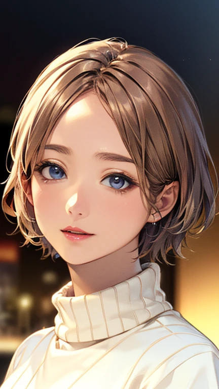 (Top quality masterpiece:1.2) Delicate illustrations, Very detailed, /Beautiful Japanese Woman、1 person,Very cute and slim、Excellent style 、((8K images、super high quality))、Very delicate face, Beautiful forehead、Beautiful thighs、Bright red lipstick,(((((short hair、Light brown hair、Blonde hair))))),very cute、Kind eyes,((((Oversized sweater))))、starry skies、Tokyo night view