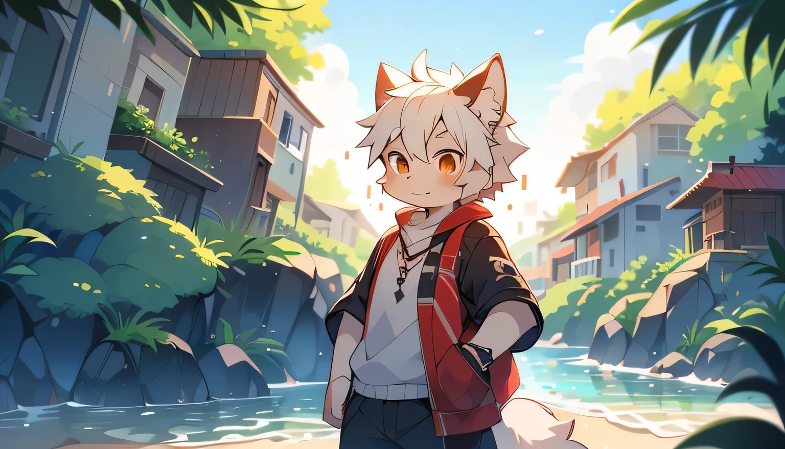 author:Jarris, author:Kirito,Sexual desire boy,Furry wolf,((Shota)), Black and white hair, Good figure, Handsome,cute, Light:Hazy Light Shadow, Anti-Light Skin,Reddish skin,((Worn clothes,Commoner)) ,((seaside,Standing on the Rock,islands,solo,The only person)),Outdoor sunset,((detail)),(Depth of Field),Stand up