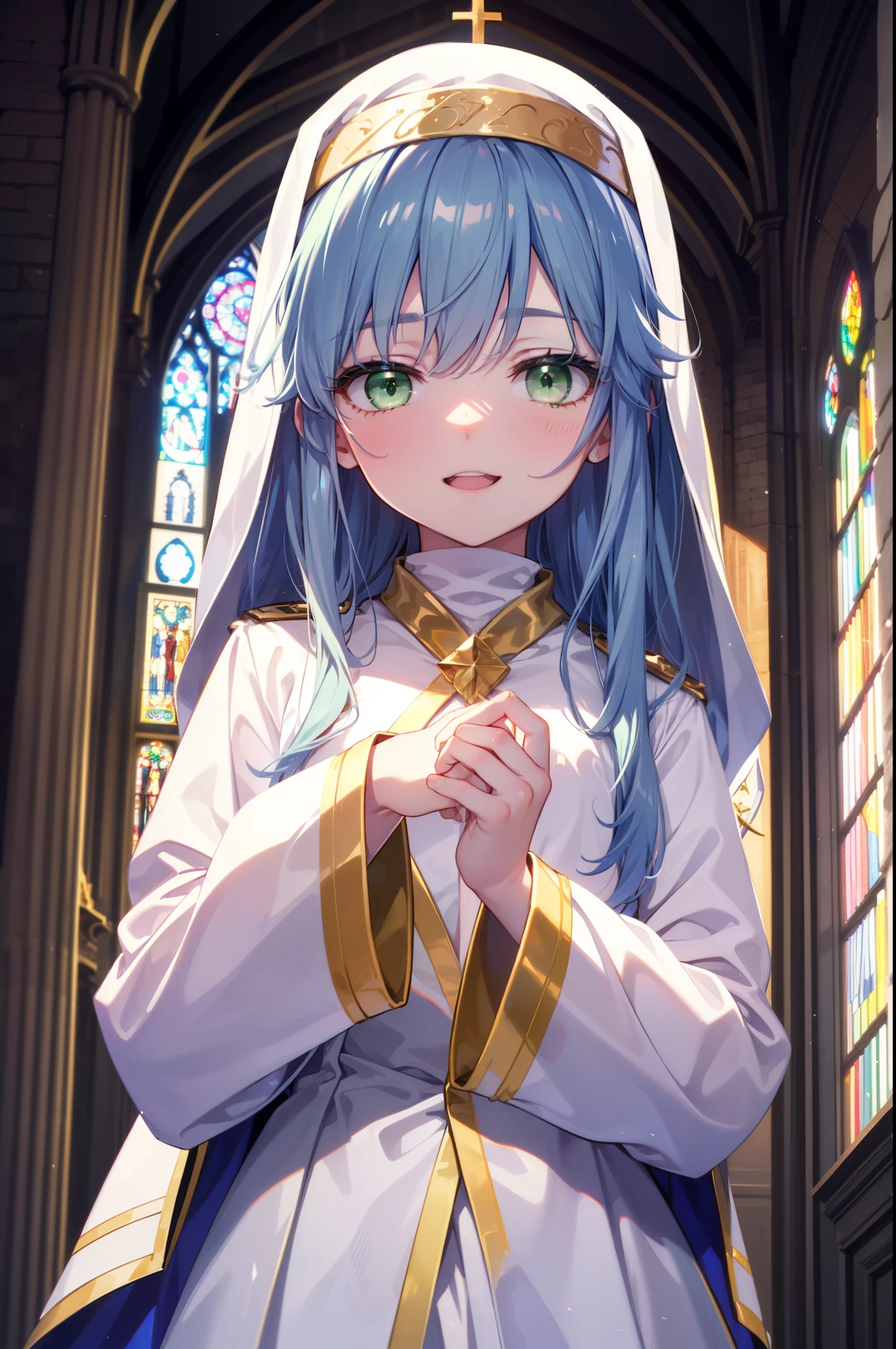 index, index, (Green Eyes:1.5), Blue Hair, Long Hair, (Flat Chest:1.2),tooth,happy smile, smile, Open your mouth,
break habit, Long sleeve, Nuns, Robe, white Robe, Wide sleeves,
break looking at viewer, Upper Body, whole body,
break indoors, church,
break (masterpiece:1.2), highest quality, High resolution, unity 8k wallpaper, (figure:0.8), (Beautiful fine details:1.6), Highly detailed face, Perfect lighting, Highly detailed CG, (Perfect hands, Perfect Anatomy),