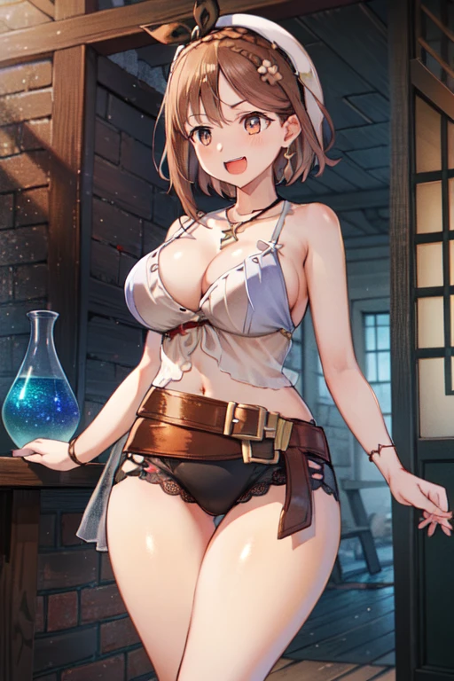 masterpiece, highest quality, High resolution, Extremely detailed CG, First Default, First closing, Bare thighs, One Girl, belt, flask, chest, alone, Laughter, Seaside,Black lace underwear,Sumo,See-through,Have fun,Jumping,refraction.