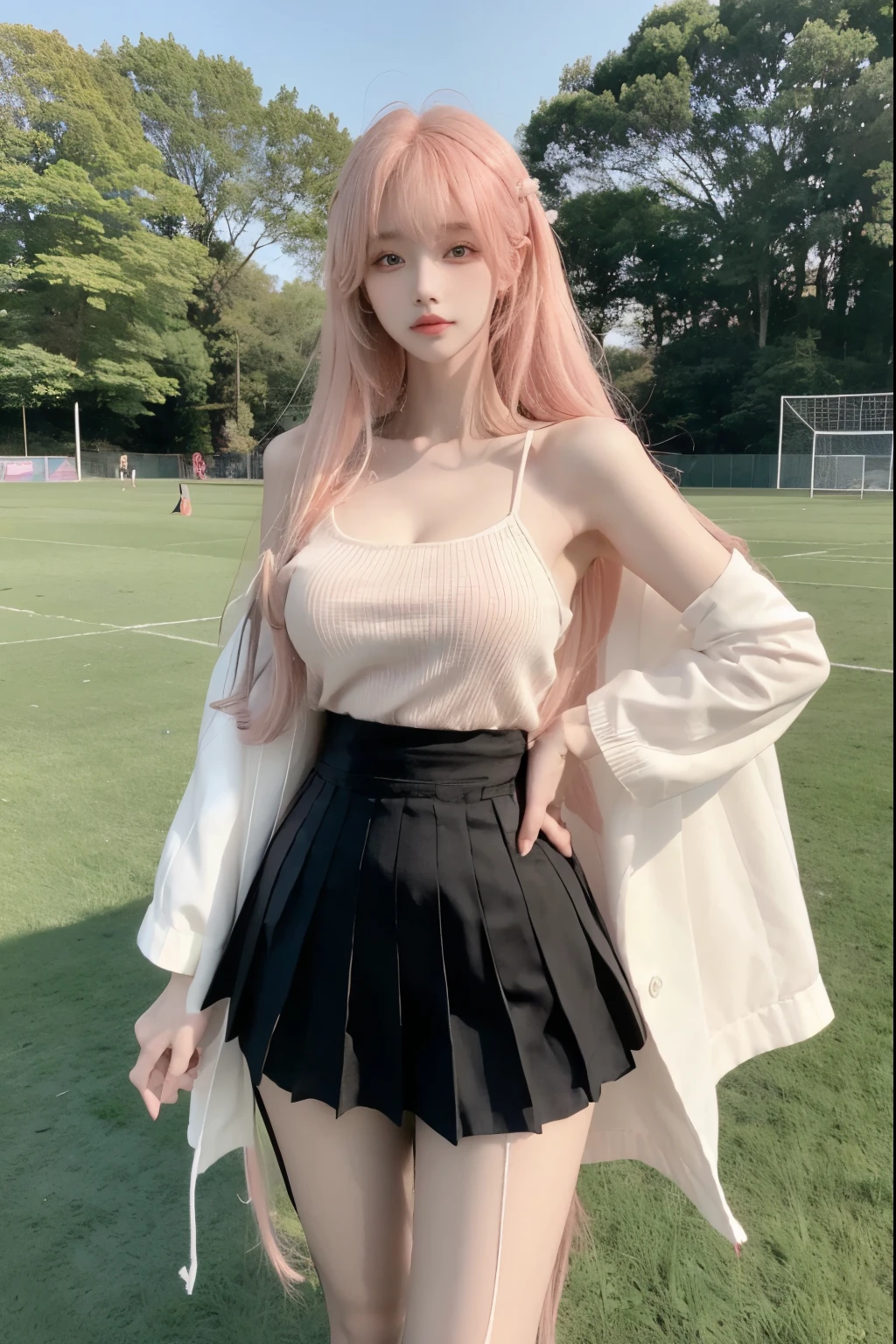 Beautiful woman with perfect body：1.4，Layered Hairstyle，Prominent cleavage，Highly detailed face and skin textures，Double eyelids，Skin Whitening，Long hair，Whitened long legs，Pink hair，（Black coat，Pleated Skirt，Black pantyhose）Standing on the sports field