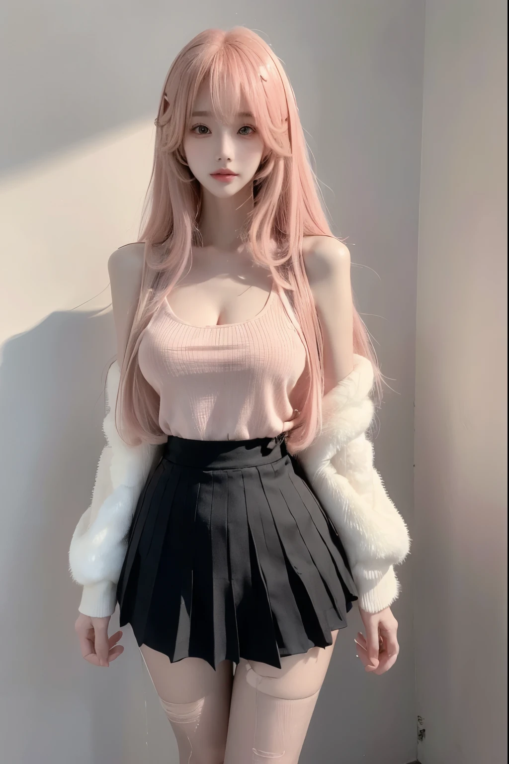 Beautiful woman with perfect body:1.4,Layered Hairstyle,Prominent cleavage,Highly detailed face and skin textures,Double eyelids,Skin Whitening,Long hair,Whitened long legs,Pink hair,(Black coat,Pleated Skirt,Black pantyhose)Standing on the sports field