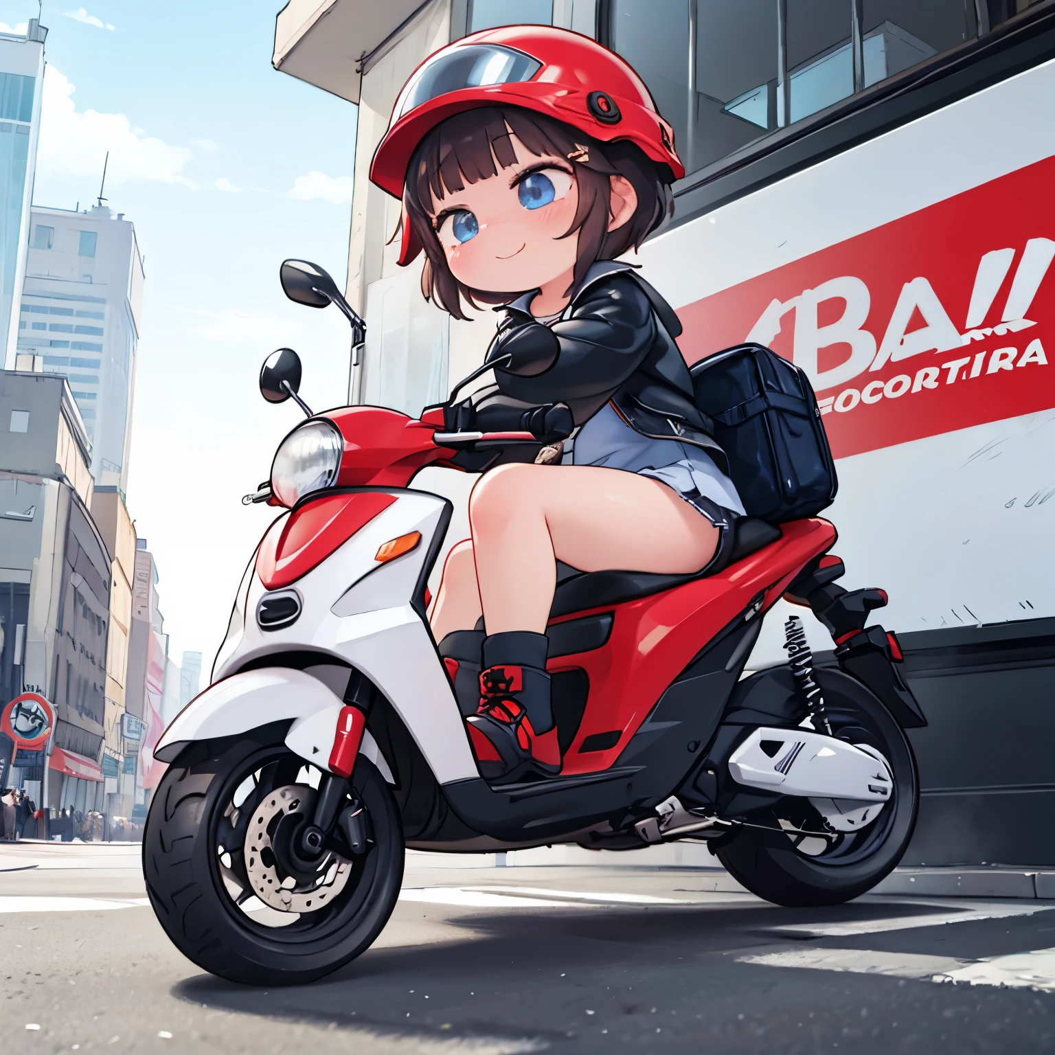 best quality, bad girl riding scooter, helmet, Devil's Smile