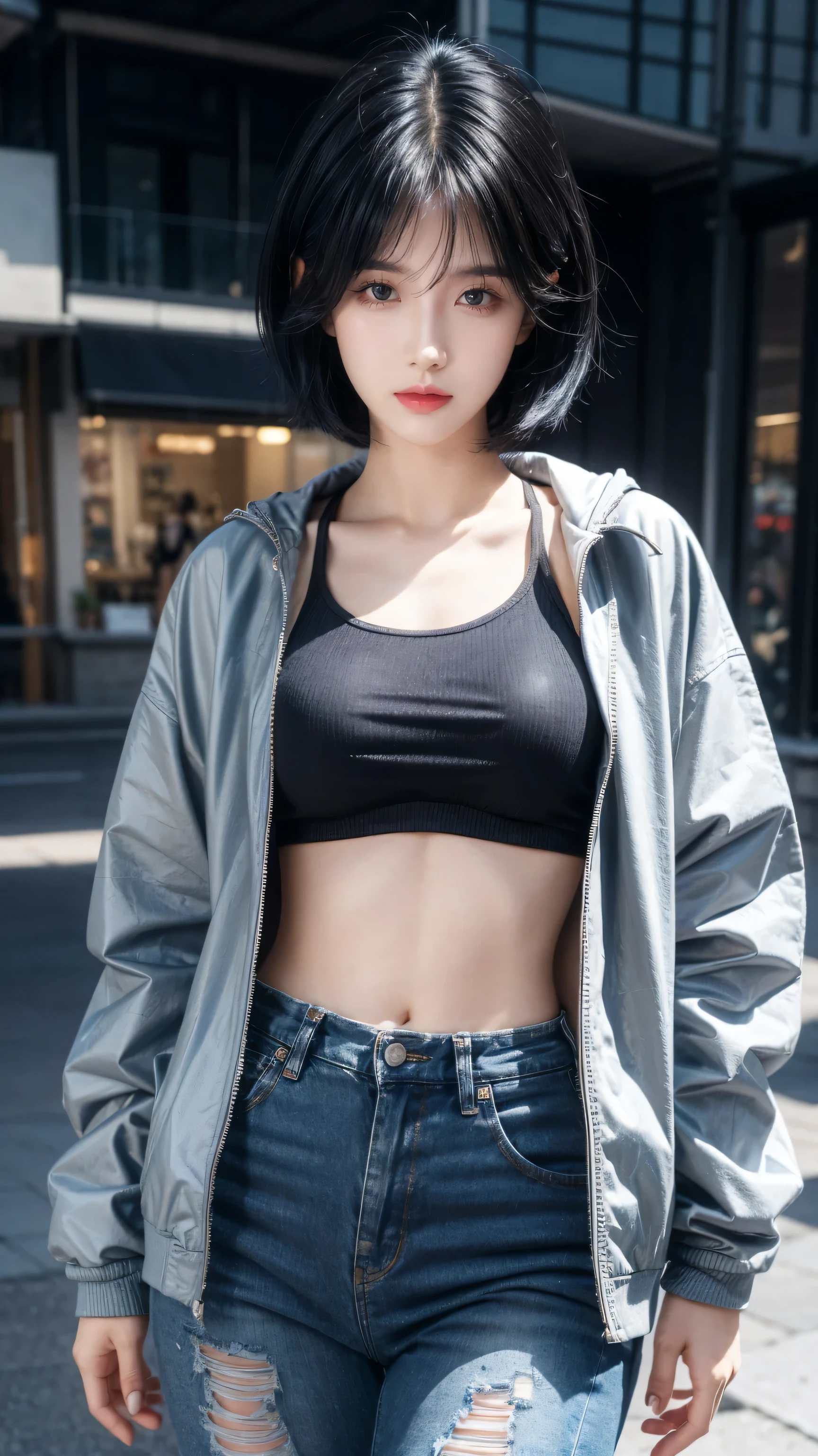 best quality, 1 Girl, dark blue hair, black eyes, Very short hair, Spiky hair, t-shirt, jacket , High waist jeans, 171 cm, Messy hair, Hair between the eyes, Medium breasts, full, Tomboy, aldult, 20 years old, 1 Girl