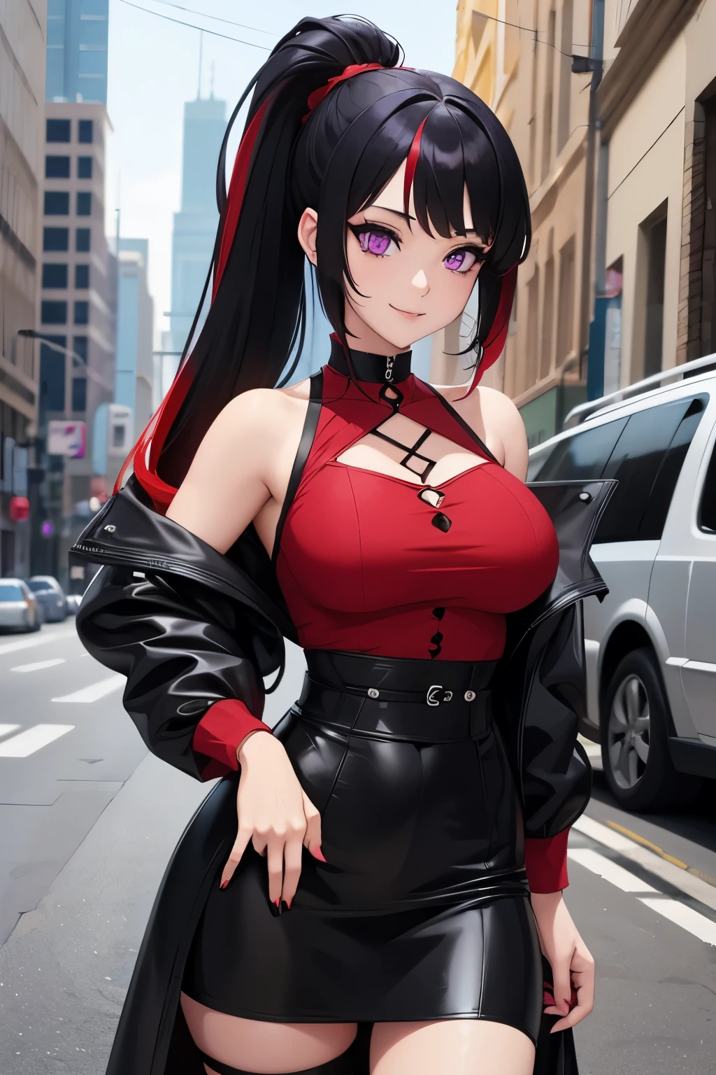 a woman wearing street clothes, smiling, seductive anime girl, beautiful goth anime girl, detailed digital anime art, black and red hair, goth anime girl with black hair and red hair, black hair with red highlights, beautiful anime girl, beautiful alluring anime woman, masterpiece, detailed hands, medium length hair with red highlights, hair tied up, detailed face, thigh focus, symmetrical eyes, detailed eyes, prominent pupil, 8k eyes, purple eyes,