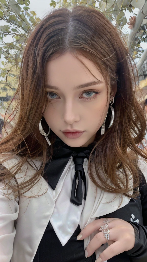1 miniature Beautiful beautiful woman - Yuan Sayuki, ((top quality, 8K, Masterpiece:1.retty woman, 1 woman, huge breasts:1.3, a slim body:1.1, lush GINGER long hair with 2 buns, (shower, wet body, wet clothes:1.1), very detailed face, detailed lips, detailed eyes, double eyelids, Detailed blue eyes, чрезвычайно Detailed Outstanding Blue Eyes, long GINGER wet hair, GINGER wet hair, Detailed Outstanding Blue Eyes, innocent look at the viewer, very wet wavy white hair, Detailed Outstanding Blue Eyes, huge cross earrings, Outdoors, badges behind, gothic maid uniform, sexy maid dress, bare chest, huge chest tattoo, detailed huge catholic cross earrings, chest tattoo, Outside, wear a silver cross (Detailed cross shape), reality mode, wet breasts, black necklace, human crowd behind, black latex gloves, hair of white snowy colour, night time, red neon lights, demonic nun, nimbus (golden lighting ring above her head), angel, snowy weather, sexy pose, white lingerie, black maid dress, detailed flower wreath made of different colours, open chest