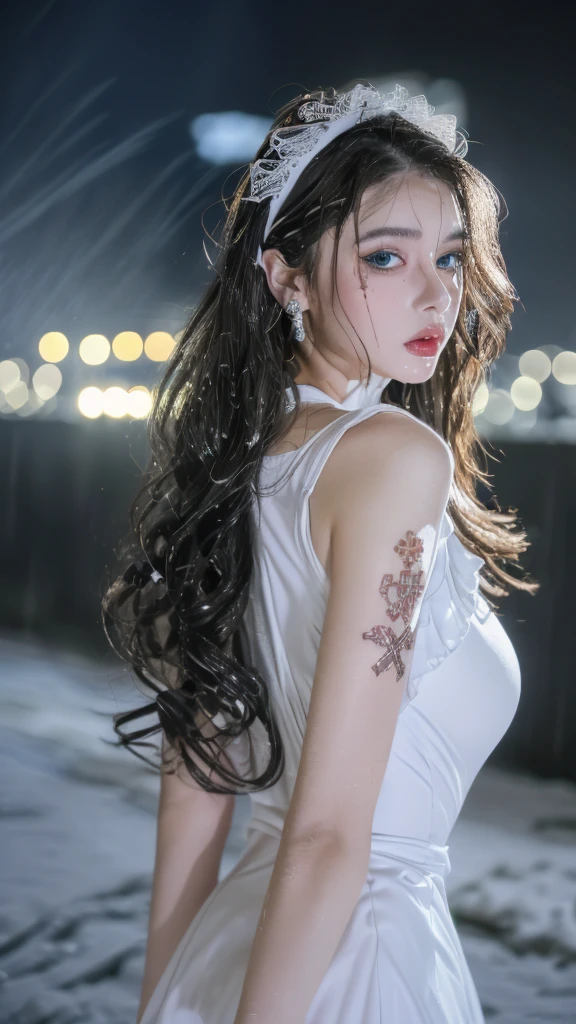 1 miniature Beautiful beautiful woman - Yuan Sayuki, ((top quality, 8K, Masterpiece:1.retty woman, 1 woman, huge breasts:1.3, a slim body:1.1, lush GINGER long hair with 2 buns, (shower, wet body, wet clothes:1.1), very detailed face, detailed lips, detailed eyes, double eyelids, Detailed blue eyes, чрезвычайно Detailed Outstanding Blue Eyes, long GINGER wet hair, GINGER wet hair, Detailed Outstanding Blue Eyes, innocent look at the viewer, very wet wavy white hair, Detailed Outstanding Blue Eyes, huge cross earrings, Outdoors, badges behind, gothic maid uniform,  sexy maid dress, bare chest, huge chest tattoo, detailed huge catholic cross earrings, chest tattoo, Outside, wear a silver cross (Detailed cross shape), reality mode, wet breasts, black necklace, human crowd behind, black latex gloves, hair of white snowy colour, night time, red neon lights, demonic nun, nimbus (golden lighting ring above her head), angel, snowy weather, sexy pose, white lingerie, black maid dress, detailed flower wreath made of different colours, open chest