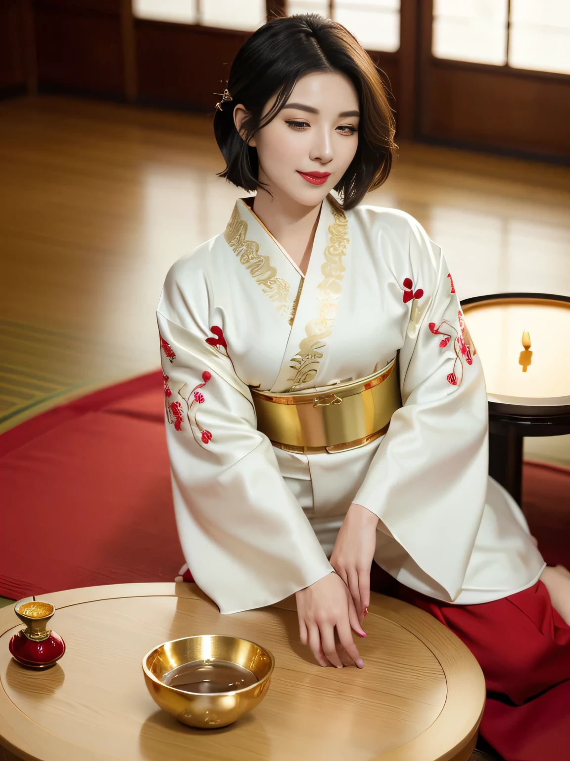 SFW, girl, Black Hair, Wavy short hair, Bright red lips, Shiny lips, glowing skin, Shining eyes, shut up, (Half closed eyes), seductive smile, (Stylish and charming white kimono，With gold embroidery:1.2), , (Traditional round table), Place the tray on your knees, (Traditional soup on the table, green tea, Traditional Tommy&#39;s Steam), hanging scroll, commercial, (Traditional and formal Japanese house), (The bustling city skyscrapers sparkle outside the window:1.3), (Close-up of face:1.2), Dynamic Angle, from the side, Depth of Field, (monochrome:1.4), (Flat Color:1.3), (Only red and gold are emphasized:1.3), Correct body structure, 8k, original photo, (Very delicate skin:1.2), 8K Ultra HD, Digital SLR Camera, Soft Light, high quality, Film Grain, Fuji XT3, original video, 16 mm, Portra 400 film color grading, Extraordinary colors, Surreal, textured skin, Excellent details student, Realistic dull skin noises, visible skin detail, Skin villi, Dry skin, Shot with a movie camera, ((full-body shot)), The skin texture is delicate, (blush:0.5), Subsurface scattering, wear,((Thin waist)), young asian girl, ((Big goals )),