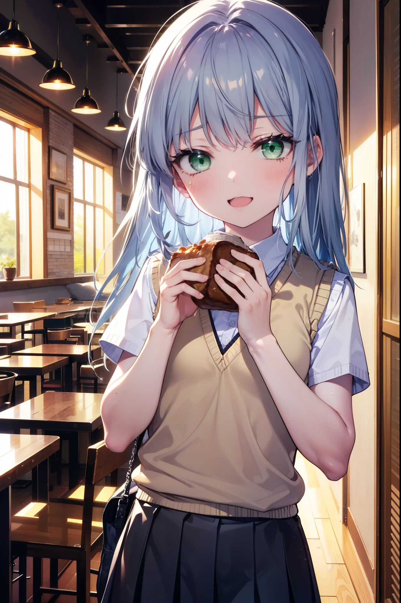 index, index, (Green Eyes:1.5), Blue Hair, Long Hair, (Flat Chest:1.2),tooth,happy smile, smile, Open your mouth,
White shirt,Sweater vest, (紫色 Sweater vest:1.5),,Short sleeve,Purple pleated skirt,black tights,Brown Loafers,テーブル大量の食べ物が置いてある
break looking at viewer, Upper Body, whole body,
break indoors, restaurant,
break (masterpiece:1.2), highest quality, High resolution, unity 8k wallpaper, (figure:0.8), (Beautiful fine details:1.6), Highly detailed face, Perfect lighting, Highly detailed CG, (Perfect hands, Perfect Anatomy),