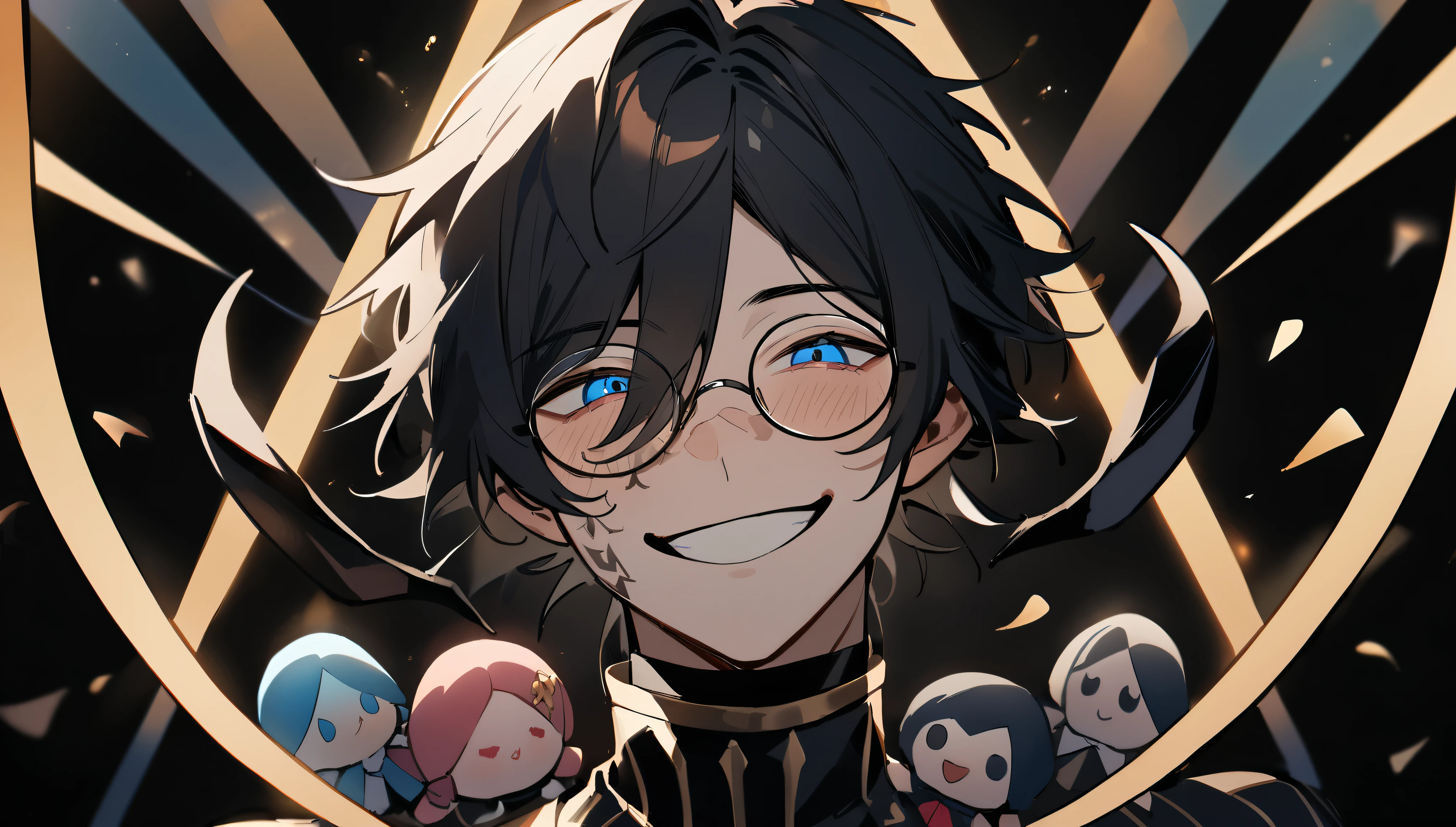 1boy, male, short black hair, blue eyes, black circus clothes , happy face, masterpiece, best quality, very aesthetic, absurdres, half body focus, stand in middle circus, smile face, 30 years old, half body, tattoo in face, 1 rabbit doll, black background, horns, teary eyes, round eye glasses
