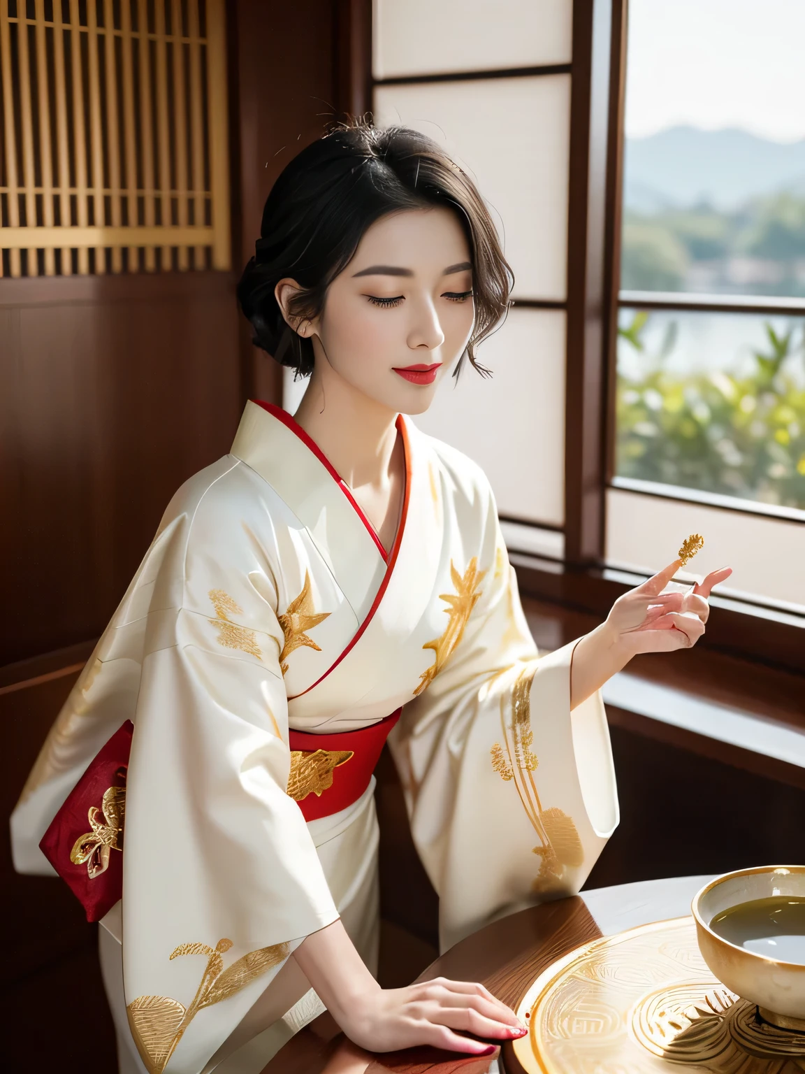 SFW, girl, Black Hair, Wavy short hair, Bright red lips, Shiny lips, glowing skin, Shining eyes, shut up, (Half closed eyes), seductive smile, (Stylish and charming white kimono，With gold embroidery:1.2), , (Traditional round table), Place the tray on your knees, (Traditional soup on the table, green tea, Traditional Tommy&#39;s Steam), hanging scroll, commercial, (Traditional and formal Japanese house), (The bustling city skyscrapers sparkle outside the window:1.3), (Close-up of face:1.2), Dynamic Angle, from the side, Depth of Field, (monochrome:1.4), (Flat Color:1.3), (Only red and gold are emphasized:1.3), Correct body structure, 8k, original photo, (Very delicate skin:1.2), 8K Ultra HD, Digital SLR Camera, Soft Light, high quality, Film Grain, Fuji XT3, original video, 16 mm, Portra 400 film color grading, Extraordinary colors, Surreal, textured skin, Excellent details student, Realistic dull skin noises, visible skin detail, Skin villi, Dry skin, Shot with a movie camera, ((full-body shot)), The skin texture is delicate, (blush:0.5), Subsurface scattering, wear,((Thin waist)), young asian girl, ((Big goals )),