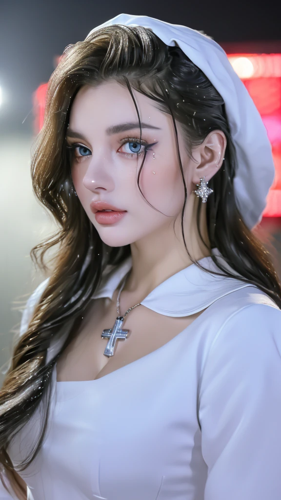 1 miniature Beautiful beautiful woman - Yuan Sayuki, ((top quality, 8K, Masterpiece:1.retty woman, 1 woman, huge breasts:1.3, a slim body:1.1, lush GINGER long hair with 2 buns, (shower, wet body, wet clothes:1.1), very detailed face, detailed lips, detailed eyes, double eyelids, Detailed blue eyes, чрезвычайно Detailed Outstanding Blue Eyes, long GINGER wet hair, GINGER wet hair, Detailed Outstanding Blue Eyes, innocent look at the viewer, very wet wavy white hair, Detailed Outstanding Blue Eyes, huge cross earrings, Outdoors, badges behind, gothic maid uniform, sexy maid dress, bare chest, huge chest tattoo, detailed huge catholic cross earrings, chest tattoo, Outside, wear a silver cross (Detailed cross shape), reality mode, wet breasts, black necklace, human crowd behind, black latex gloves, hair of white snowy colour, night time, red neon lights, demonic nun, nimbus (golden lighting ring above her head), angel, snowy weather, sexy pose, white lingerie, black maid dress, detailed flower wreath made of different colours, open chest