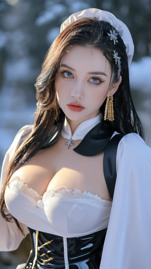 1 miniature Beautiful beautiful woman - Yuan Sayuki, ((top quality, 8K, Masterpiece:1.retty woman, 1 woman, huge breasts:1.3, a slim body:1.1, lush GINGER long hair with 2 buns, (shower, wet body, wet clothes:1.1), very detailed face, detailed lips, detailed eyes, double eyelids, Detailed blue eyes, чрезвычайно Detailed Outstanding Blue Eyes, long GINGER wet hair, GINGER wet hair, Detailed Outstanding Blue Eyes, innocent look at the viewer, very wet wavy white hair, Detailed Outstanding Blue Eyes, huge cross earrings, Outdoors, badges behind, gothic maid uniform,  sexy maid dress, bare chest, huge chest tattoo, detailed huge catholic cross earrings, chest tattoo, Outside, wear a silver cross (Detailed cross shape), reality mode, wet breasts, black necklace, human crowd behind, black latex gloves, hair of white snowy colour, night time, red neon lights, demonic nun, nimbus (golden lighting ring above her head), angel, snowy weather, sexy pose, white lingerie, black maid dress, detailed flower wreath made of different colours, open chest