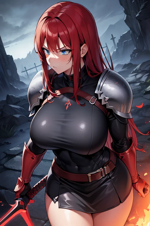 red hair, anime girl, blue eyes, knight, black armor, carrying sword, strong, muscular, thick thighs, big butt, big breasts, fighting stance, inside a dungeon, serious look, dark environment, spooky, anime style, high definition, RTX, unreal engine