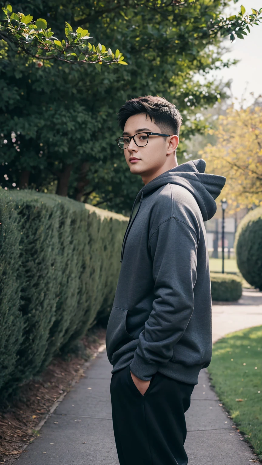 - Top quality, friendly faced man, , fat body, black hoodie, grey trousers, standing casually, Shooting in the park, Natural lighting, Berry Shortcut, Black-rimmed glasses