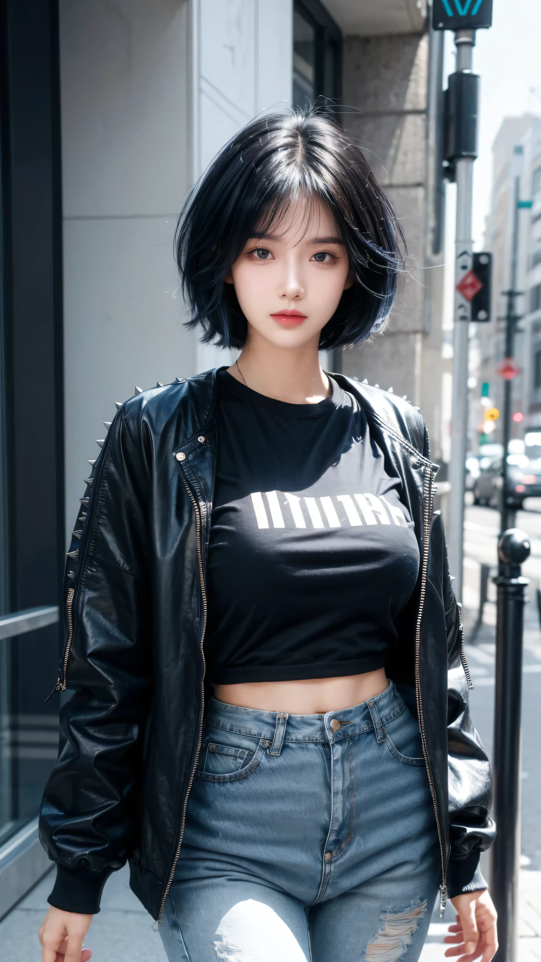 best quality, 1 Girl, dark blue hair, black eyes, Very short hair, Spiky hair, oversize t-shirt, jacket jeans, High waist jeans, 171 cm, Messy hair, Hair between the eyes, Medium breasts, full, Tomboy, aldult, 20 years old, 1 Girl