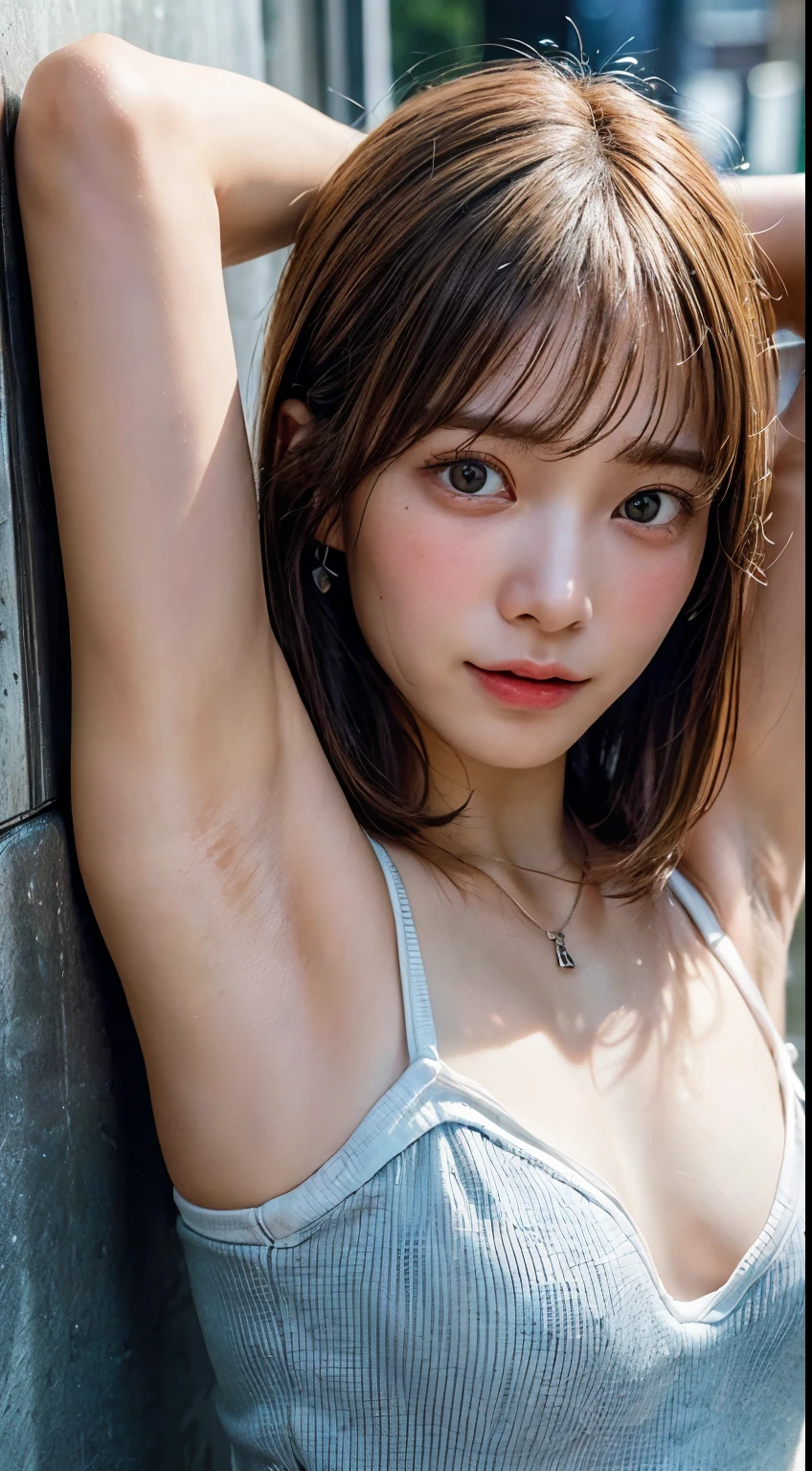 (Ultra HD、Ultra-high resolution、Realistic:1.3、8k、Japanese Model、In front of the wall)、Attention in the armpits、Look Viewer、(Extremely realistic skin texture:1.4)、(Realistic:1.3)、((smile:1.2))、40-year-old woman、Mature Woman、Updo、(Lift your arms and show your armpits:1.4)、((Face close-up:1.52))、(Armpit sweat)、Leaning against a wall、((Shooting from the side:1.05))、necklace、good、(((Small breasts:1.5)))、Slipping