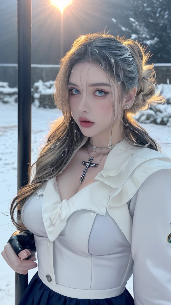 1 miniature Beautiful beautiful woman - Yuan Sayuki, ((top quality, 8K, Masterpiece:1.retty woman, 1 woman, huge breasts:1.3, a slim body:1.1, lush GINGER long hair with 2 buns, (shower, wet body, wet clothes:1.1), very detailed face, detailed lips, detailed eyes, double eyelids, Detailed blue eyes, чрезвычайно Detailed Outstanding Blue Eyes, long GINGER wet hair, GINGER wet hair, Detailed Outstanding Blue Eyes, innocent look at the viewer, very wet wavy white hair, Detailed Outstanding Blue Eyes, huge cross earrings, Outdoors, badges behind, gothic maid uniform, sexy maid dress, bare chest, huge chest tattoo, detailed huge catholic cross earrings, chest tattoo, Outside, wear a silver cross (Detailed cross shape), reality mode, wet breasts, black necklace, human crowd behind, black latex gloves, hair of white snowy colour, night time, red neon lights, demonic nun, nimbus (golden lighting ring above her head), angel, snowy weather, sexy pose, white lingerie, black maid dress, detailed flower wreath made of different colours, open chest