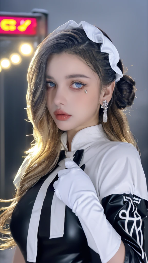 1 miniature Beautiful beautiful woman - Yuan Sayuki, ((top quality, 8K, Masterpiece:1.retty woman, 1 woman, huge breasts:1.3, a slim body:1.1, lush GINGER long hair with 2 buns, (shower, wet body, wet clothes:1.1), very detailed face, detailed lips, detailed eyes, double eyelids, Detailed blue eyes, чрезвычайно Detailed Outstanding Blue Eyes, long GINGER wet hair, GINGER wet hair, Detailed Outstanding Blue Eyes, innocent look at the viewer, very wet wavy white hair, Detailed Outstanding Blue Eyes, huge cross earrings, Outdoors, badges behind, gothic maid uniform, sexy maid dress, bare chest, huge chest tattoo, detailed huge catholic cross earrings, chest tattoo, Outside, wear a silver cross (Detailed cross shape), reality mode, wet breasts, black necklace, human crowd behind, black latex gloves, hair of white snowy colour, night time, red neon lights, demonic nun, nimbus (golden lighting ring above her head), angel, snowy weather, sexy pose, white lingerie, black maid dress, detailed flower wreath made of different colours, open chest