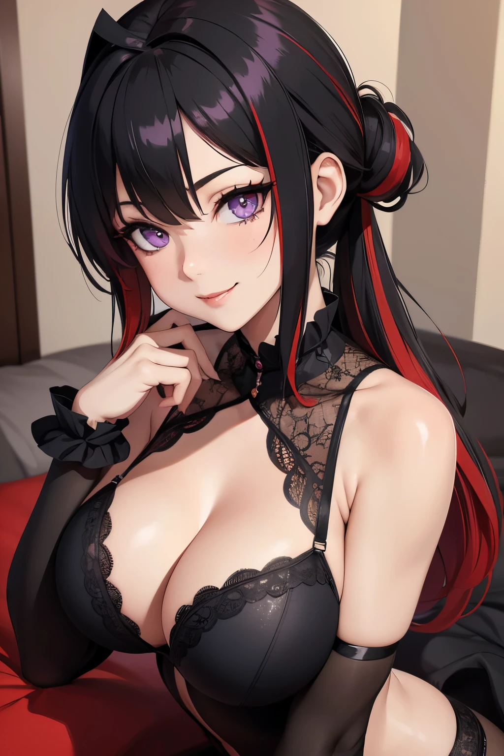 a woman wearing lingerie, laying on a bed, smiling, seductive anime girl, beautiful goth anime girl, detailed digital anime art, black and red hair, goth anime girl with black hair and red hair, black hair with red highlights, beautiful anime girl, beautiful alluring anime woman, masterpiece, detailed hands, medium length hair with red highlights, hair tied up, detailed face, thigh focus, symmetrical eyes, detailed eyes, prominent pupil, 8k eyes, purple eyes,