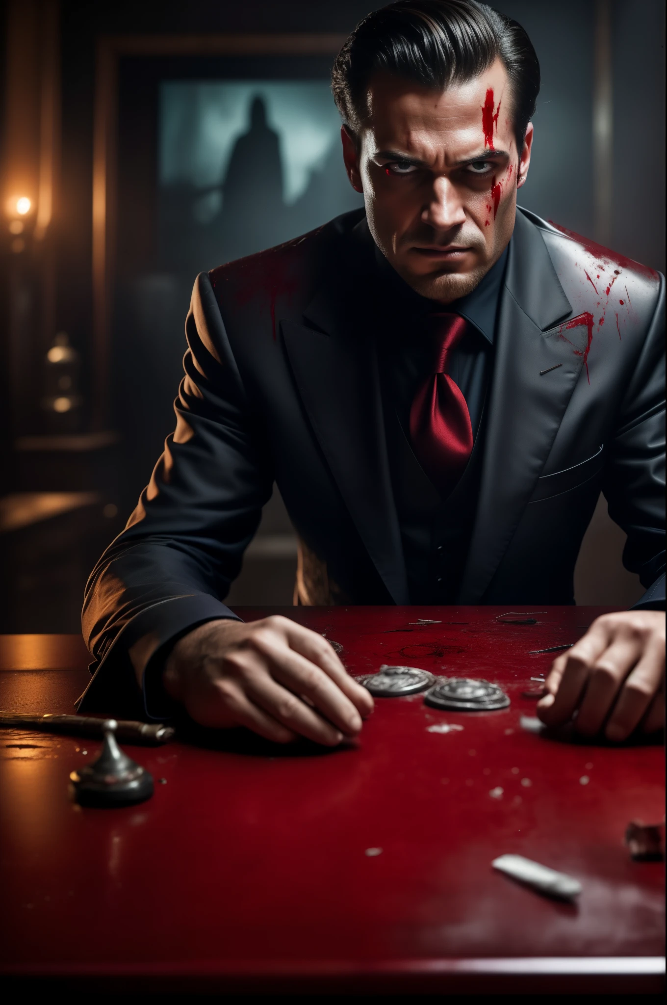 A photorealistic close-up of a social media office desk, illuminated by the harsh glare of a single monitor displaying a distorted social media logo (like a cracked Facebook symbol or a Twitter bird with bloodshot eyes). Papers with defaced photos pile chaotically on the desk, soaked in crimson.
The foreground is dominated by a man in his 40s, his face contorted in a chilling grin that reveals rows of sharpened teeth. His slicked-back hair is plastered to his forehead, matted with blood. A sharp suit, once a symbol of power, now hangs loosely on his frame, stained and torn. The focus narrows to his hands, the true instruments of his online and offline terror.
Both hands are slick with glistening blood, one resting on the keyboard, the other clenching a severed finger still adorned with a high-end diamond ring. The man's eyes, gleaming with sinister delight, stare directly at the viewer, daring them to witness the aftermath of his cruelty. The background fades into darkness, hinting at the shadowy assassin and the carnage beyond the desk. Blood splatters stain the edges of the frame, a chilling reminder of the violence that unfolded.