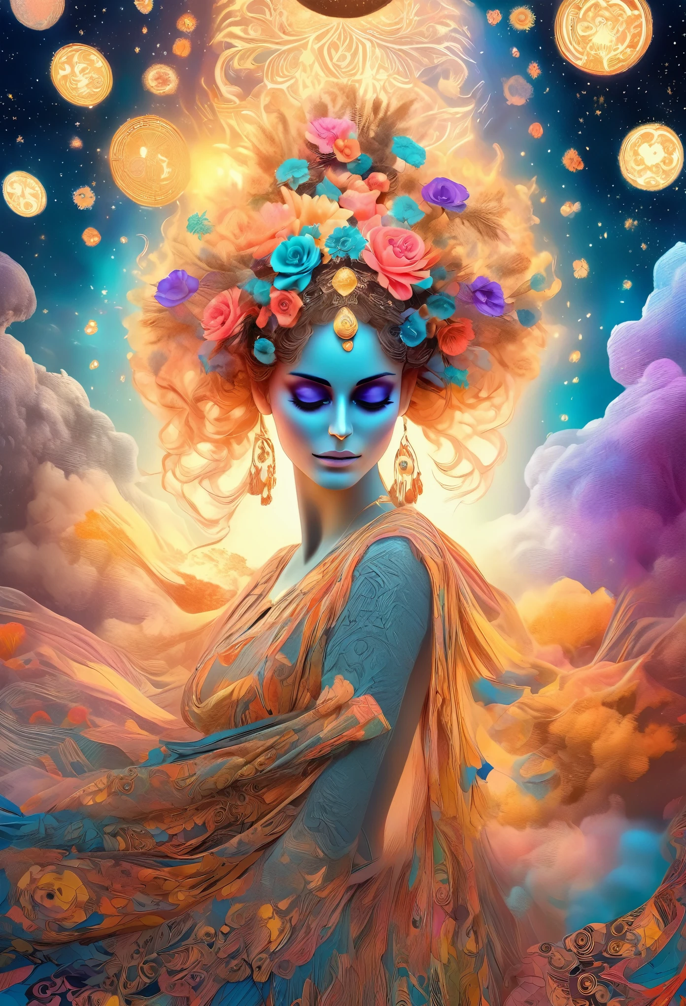 tarot cards，one-girl（full bodyesbian），Gorgeous dress，dances，Flowers，suns，Auspicious clouds，Solid color base，Pastel colors, graceful movements,  Lots of details，delicated，tmasterpiece，32K，Extremely detailed,(Fractal art:1.1),(Colorful:1.1),(skulls:1.3),highest details,(zentangle:1.2), (Dynamic pose), (abstract backgrounds:1.3)