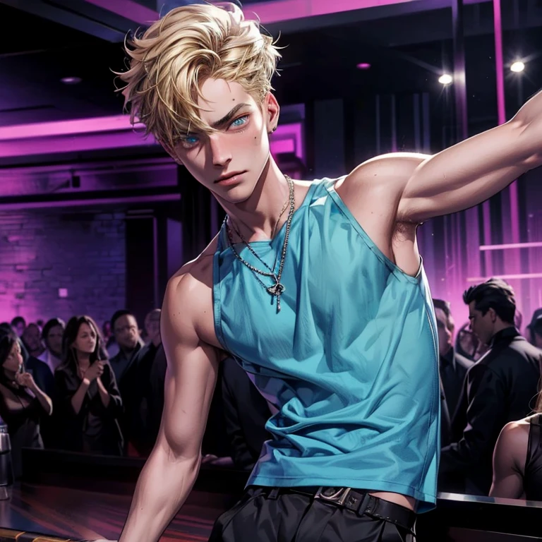 Photography of ung man in a party, (twink), (thin), (((slim))), masculine, chiseled jawline, handsome, charismatic, sexy, enjoying the music, (18 years old), ((dancing)), (((wearing modern men's clothing))), (((wearing black tank top))), best quality,ultra-detailed,realistic,sharp focus,trendy mens clothes,stylish outfits,fashion-forward designs,vibrant colors,modern patterns,slim fit,high-end materials,designer brands,detailed textures,fashion show runway,urban background,colorful street art,male model posing confidently, (crowded dancefloor behind), (blond hair), (lightly tan skin) club, party, glowing eyes, (heterochromia), modern, (bar background), realism, masterpiece, anatomically correct, high quality, super detail, 4K, highres.
