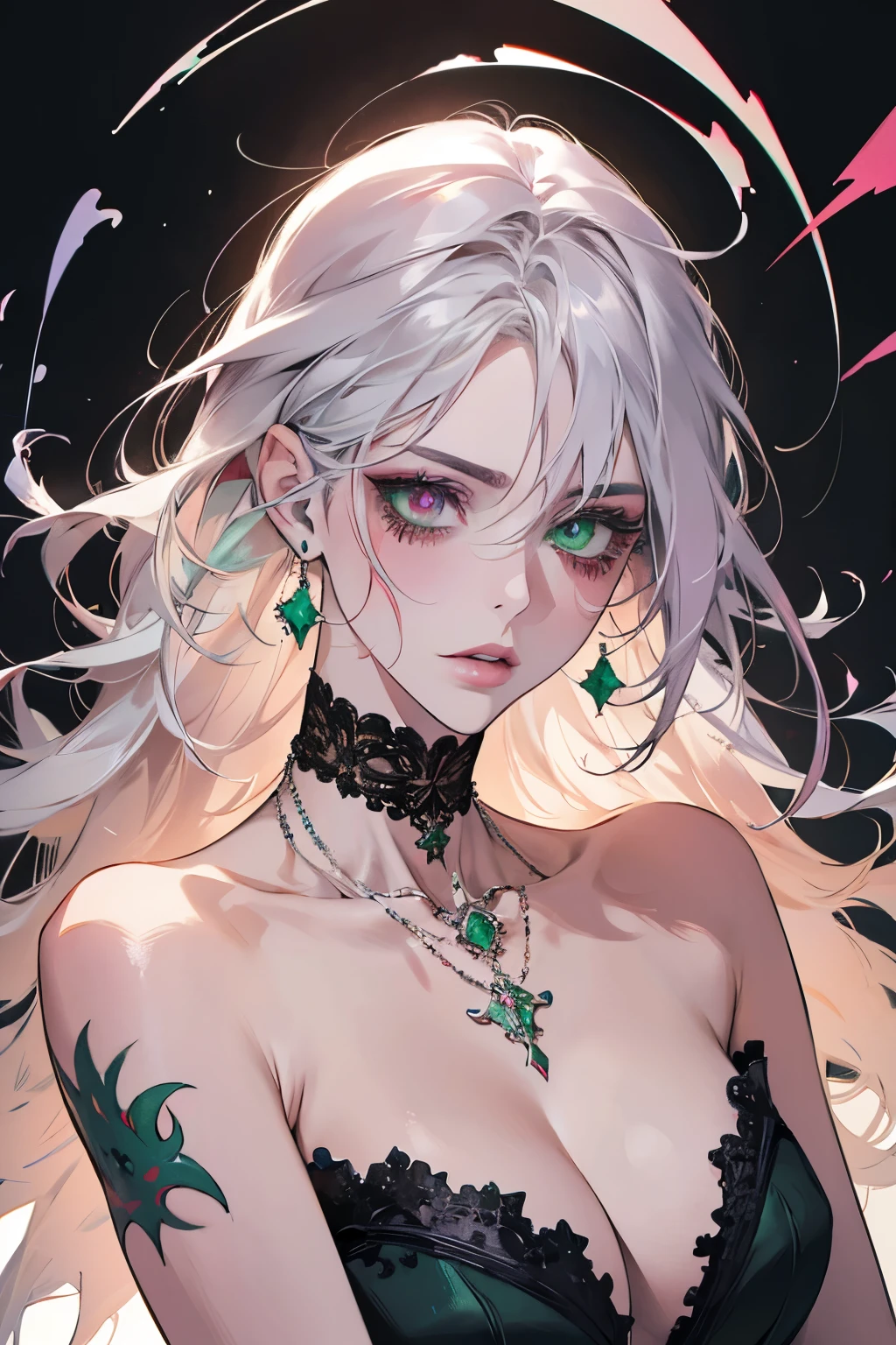 best quality, super fine, 16k, incredibly absurdres, extremely detailed, delicate and dynamic, cool and beautiful pretty woman, silver messy hair, (heterochromia, emerald green eye, purple eye), face is painted in hot pink like wiring diagram, brightly colored tattoos on the neck, necklaces, chokers, earrings and accessories, glossy red lips, portrait, background pastel colors, floating hearts