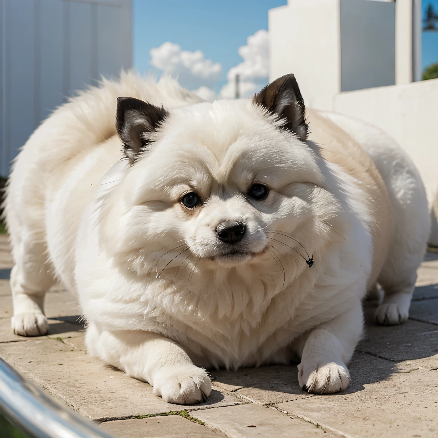 Pomerania blanco gordito en el cielo 