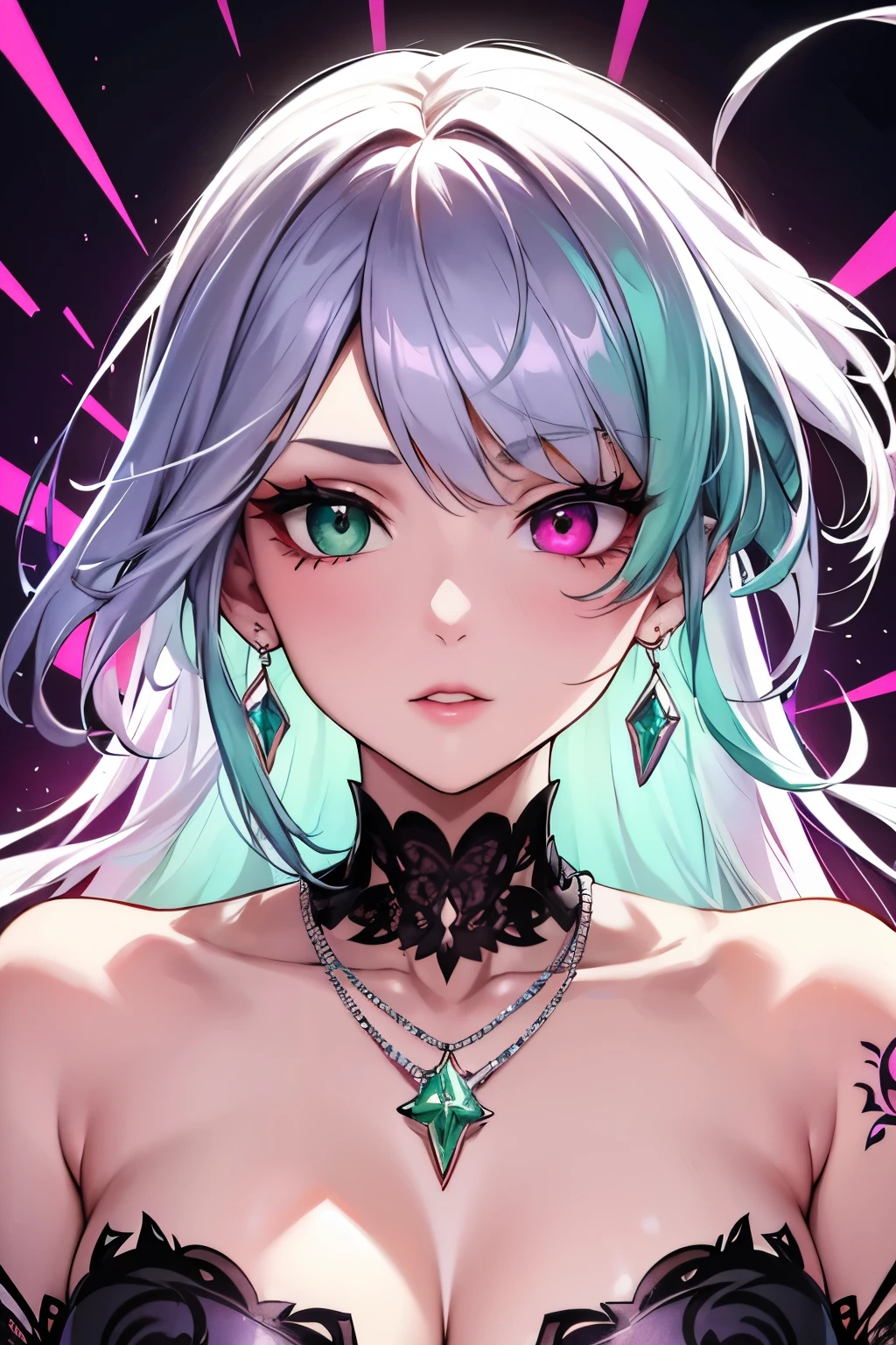 best quality, super fine, 16k, incredibly absurdres, extremely detailed, delicate and dynamic, cool and beautiful pretty woman, silver messy hair, (heterochromia, emerald green eye, purple eye), face is painted in hot pink like wiring diagram, brightly colored tattoos on the neck, necklaces, chokers, earrings and accessories, glossy red lips, portrait, background pastel colors, floating hearts
