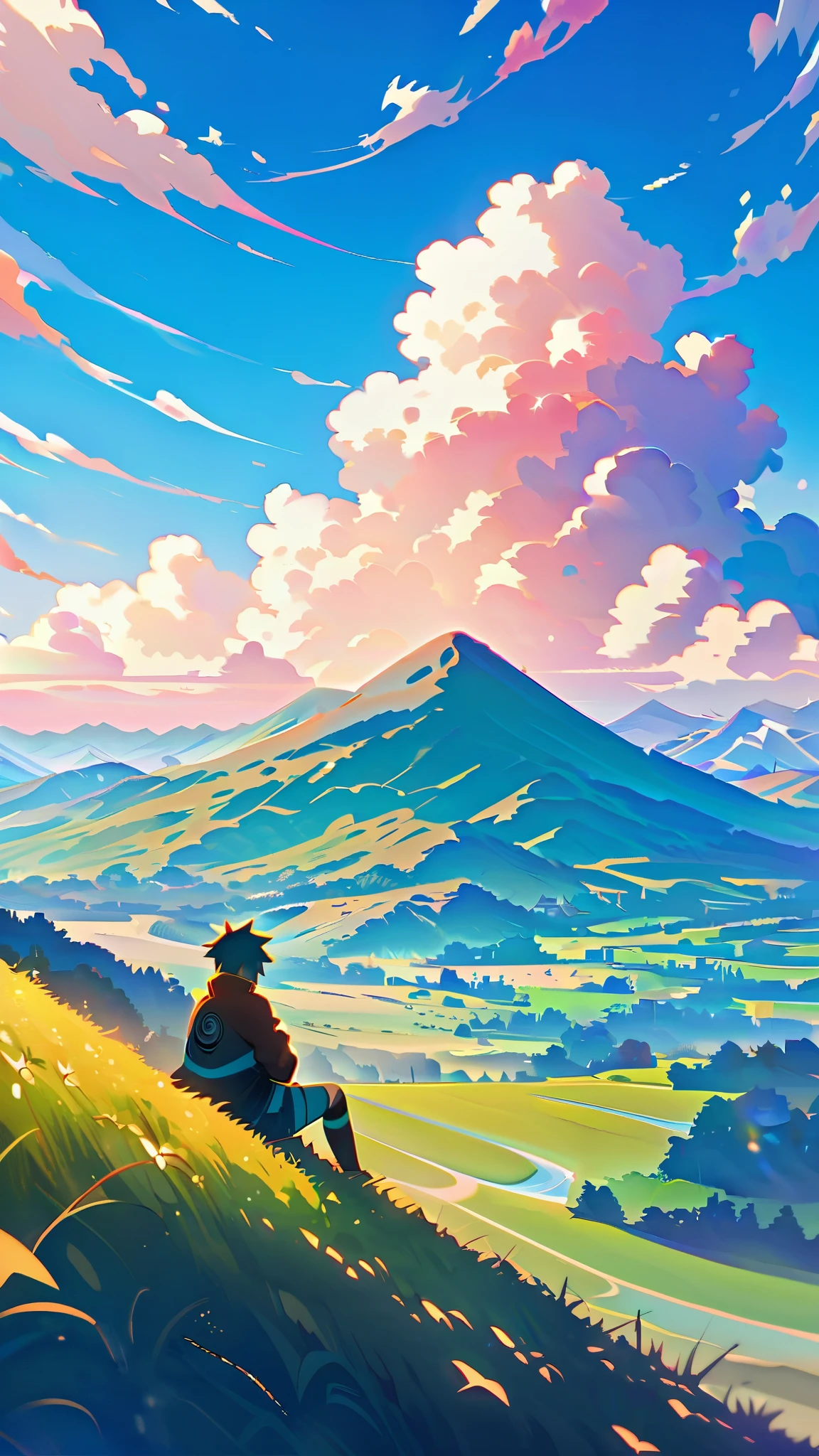 Generate an 8K AI image showcasing a young Naruto Uzumaki sitting watching mountains on a cliff in a picturesque landscape, blue sky, with a serene and peaceful atmosphere. The camera is positioned at a long distance, capturing Naruto's as he gazes out at the beauty around him. Surrounding Naruto is a tranquil scene of rolling hills, vibrant meadows, and clear blue skies dotted with fluffy clouds. The sunlight gently bathes the landscape, casting warm hues across the scene and creating a sense of calm and contentment. Ensure Naruto's expression reflects his youthful exuberance and joy, perfectly complementing the beauty of the peaceful background.