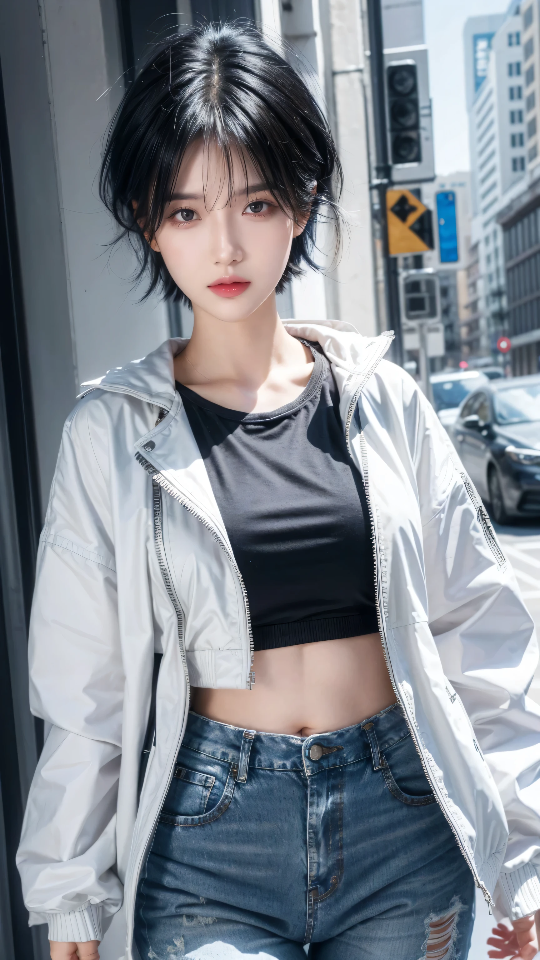 best quality, 1 Girl, dark blue hair, black eyes, Very short hair, Spiky hair, t-shirt, white jacket , High waist jeans, 171 cm, Messy hair, Hair between the eyes, Medium breasts, full, Tomboy, aldult, 20 years old, 1 Girl