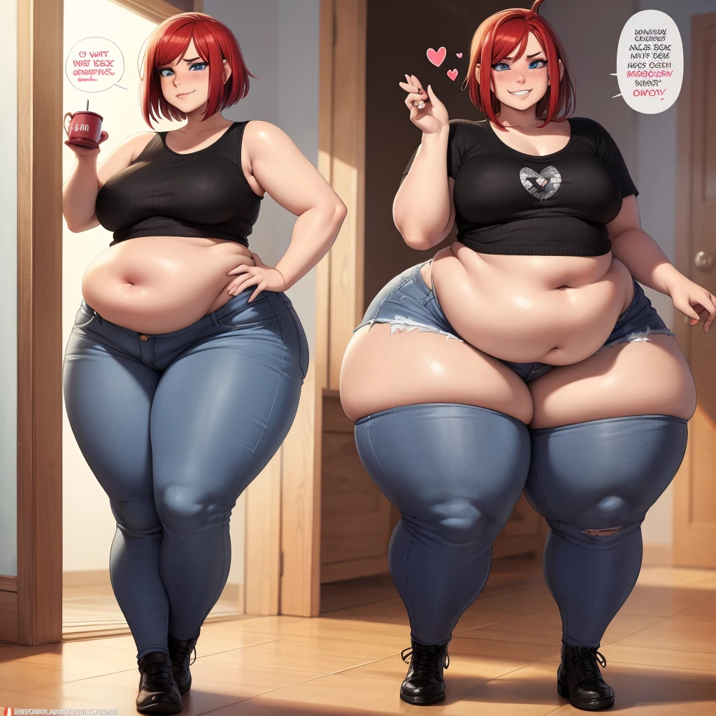 Your beautiful gorgeous sexy curvy tomboy girlfriend wearing a crop top and booty shorts,solo, blushing, grinning, accidentally cute pose, she knows you’re trying to make her fatter, she loves you, big heavy chubby belly, wide hips, massive round heavy breasts, massive wide round heart shaped shelf bubble butt, long disheveled red hair, beautiful blue eyes, small tight revealing clothes, big belly squished against glass,