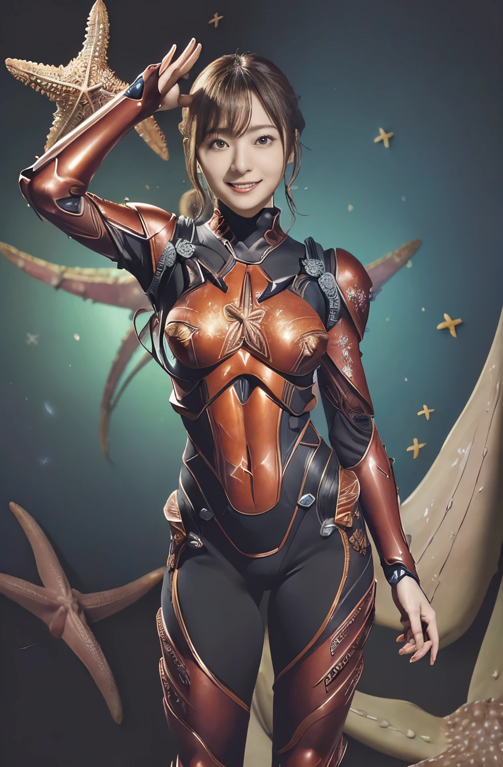 (high resolution,masterpiece,best quality,extremely detailed CG, anime, official art:1.4), realistic, photo, amazing fine details, all intricate, gloss and shiny,awesome many layers, 8k wall paper, 3d, sketch, kawaii, illustration,( solo:1.4), perfect female proportion,villainess, (fusion of starfish and lady:1.4), (starfish form lady:1.2), (queen starfish lady:1.2), (fusion:1.2), (solo:1.4), (evil smile:1.2), muscular, abs, (starfish exoskeleton bio insect suit:1.4), (starfish exoskeleton bio insect armor:1.2), (starfish antennae:1.3),