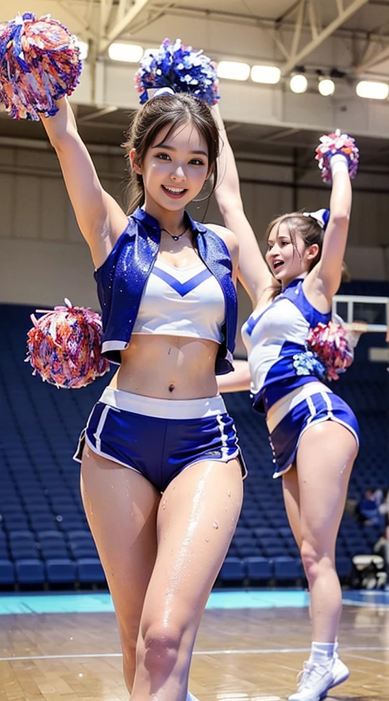 (((Just draw a woman：2)))、((Cheerleaders dancing in the basketball stadium:1.5))、((She wore an elaborate cheerleading outfit.：1.8))、Beautiful  woman、((1 screen))、8k、original photo、Highest quality photography、Beautiful and realistic pictures、(( Anatomically correct proportions : 1.5))、((Perfect proportion))、((Cute woman who looks like a Japanese beauty idol))、((Small head))、Delicate face、Delicate eyes、Narrow nose、(Detailed fingers: 1.2)、Detailed weapons、Delicate skin、Detailed legs、(Slim fit)、((Thin waist))、(Medium breasts)、(Cheerleading outfit with a sophisticated vest design:1.5)、(Sweating:1.2)、(sweaty hair:1.2)、(Bold design、Cheerleading costumes that sparkle when wet:1.3)、(Holding a pom-pom in both hands:1.2)、(Dancing with a happy smile)