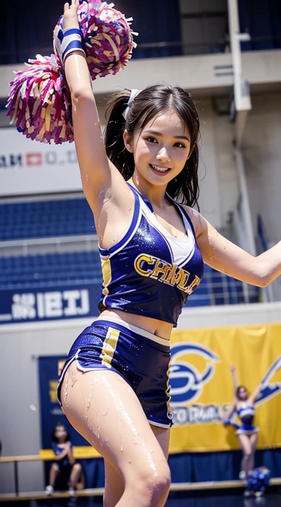 (((Just draw a woman：2)))、((Cheerleaders dancing in the basketball stadium:1.5))、((She wore an elaborate cheerleading outfit.：1.8))、Beautiful 16 year old woman、((1 screen))、8k、original photo、Highest quality photography、Beautiful and realistic pictures、(( Anatomically correct proportions : 1.5))、((Perfect proportion))、((Cute woman who looks like a Japanese beauty idol))、((Small head))、Delicate face、Delicate eyes、Narrow nose、(Detailed fingers: 1.2)、Detailed weapons、Delicate skin、Detailed legs、(Slim fit)、((Thin waist))、(Medium breasts)、(Cheerleading outfit with a sophisticated vest design:1.5)、(Sweating:1.2)、(sweaty hair:1.2)、(Bold design、Cheerleading costumes that sparkle when wet:1.3)、(Holding a pom-pom in both hands:1.2)、(Dancing with a happy smile)