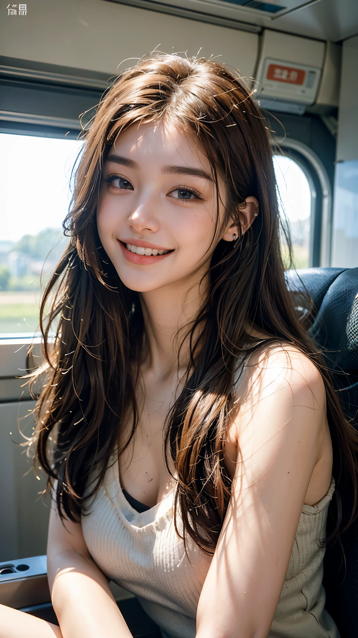 highest quality, masterpiece, Ultra-high resolution, (Realistic:1.4), (Close-up portrait) RAW Photos, 1 girl,20-year-old,((Inside the Shinkansen)),((Wireless Earphones)),((Please look up)),,((Gal Fashion)),Messy Hair,((Cap Chestnut)),((Straight long hair)),Realistic,Image Media Chest)),((Smiling with teeth showing)),((Big smile))