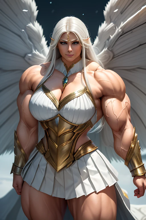 (((((Massive, tall, beautiful, buff, muscular brown skinned female Amazon warrior with white hair, ginormous bulky muscles, huge wings and wearing an all white gleaming amazon armor and pleated skirt))))), (close view), black eyeliner, massive muscles, massive biceps, hyper muscle triceps, (long straight hair), blue eyes, amazon boots, In the Amazon, huge wings, armor breastplate, nighttime, confident smile, (hyper muscles arms), hyper muscle legs, (ginormous arms)