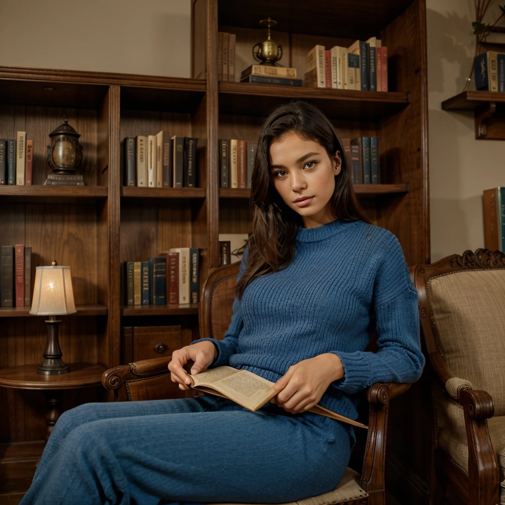Female supermodel. Reading in a home library. Sitting in antique French armchair. Royal blue sweater. Heavy French wooden bookcase. Minimalist Japanese decor. Soft, ambient lighting highlights her serene expression.