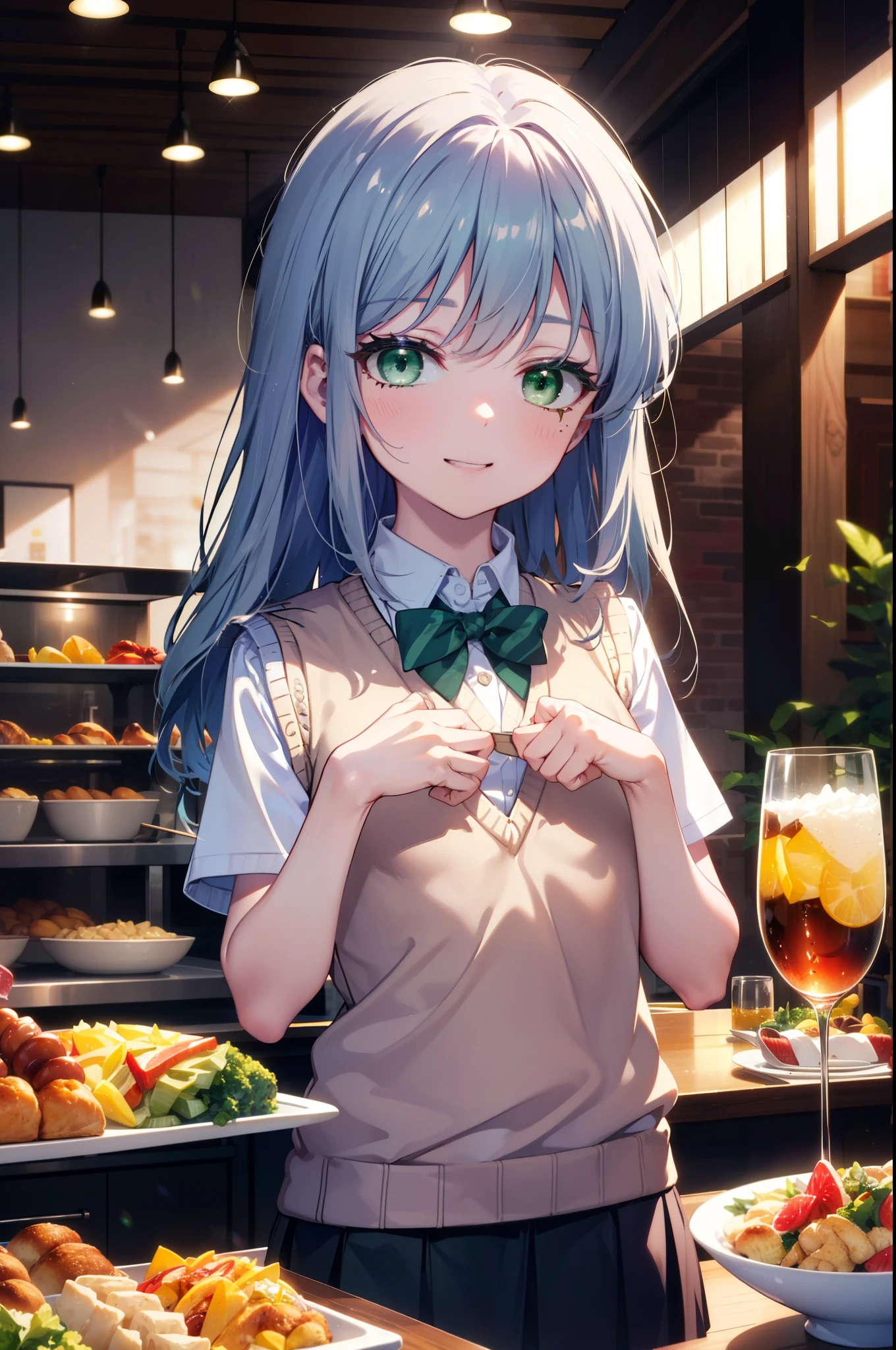 index, index, (Green Eyes:1.5), Blue Hair, Long Hair, (Flat Chest:1.2),tooth,happy smile, smile, Open your mouth, 　　　　　　
White shirt,Sweater vest, (黄色 Sweater vest:1.5),,Short sleeve,Green pleated skirt,black tights,Brown Loafers,There is a lot of food on the table,Viking,Buffet,
break looking at viewer, Upper Body, whole body,
break indoors, restaurant,crowd, people々々,
break (masterpiece:1.2), highest quality, High resolution, unity 8k wallpaper, (figure:0.8), (Beautiful fine details:1.6), Highly detailed face, Perfect lighting, Highly detailed CG, (Perfect hands, Perfect Anatomy),