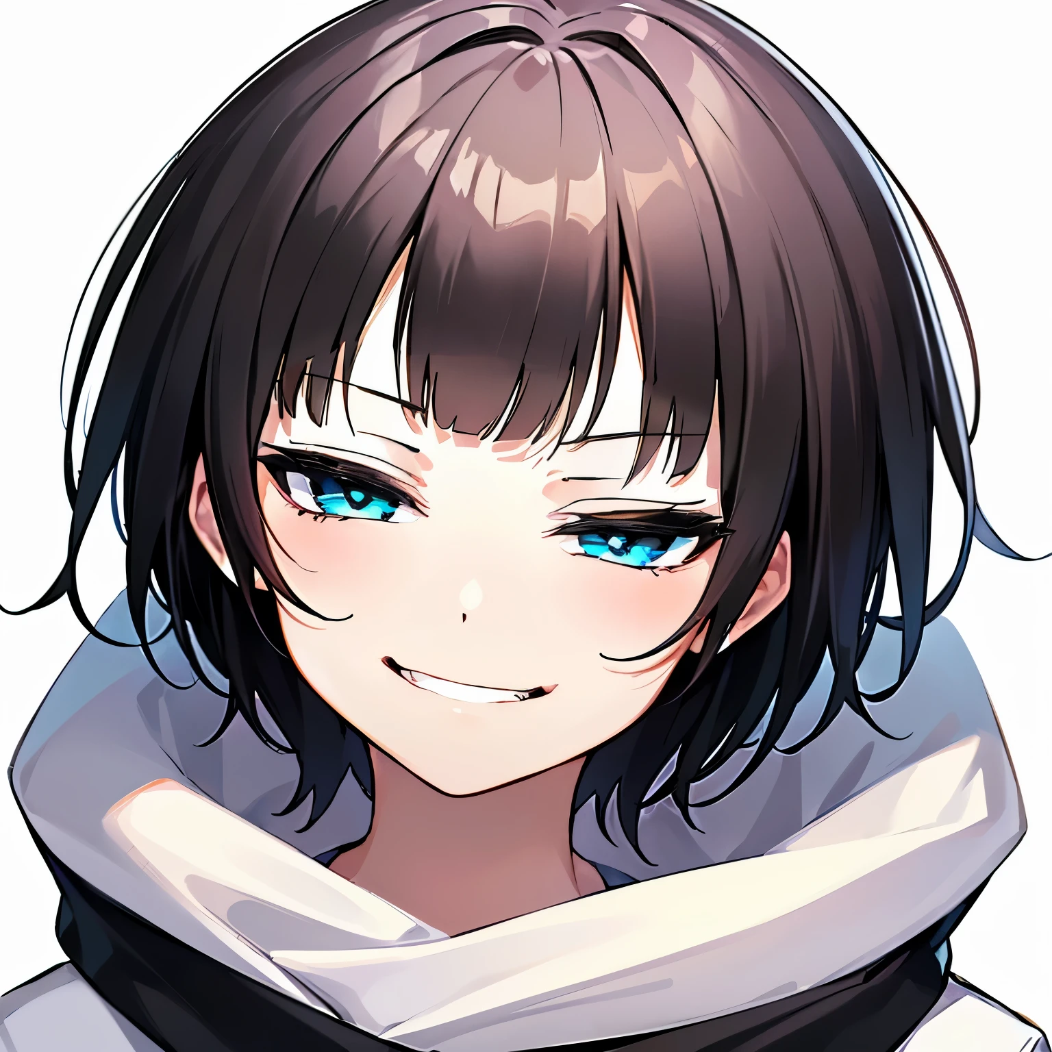 ((1 beautiful girl)), ((solo:1.3)),((blunt bangs)),((black hair)),((Blue eyes)), ((shoulder length hair:1.2,short hair)),, ((white background:1.3)),((See here)),((head shot)), BREAK (smirk:1.3), 