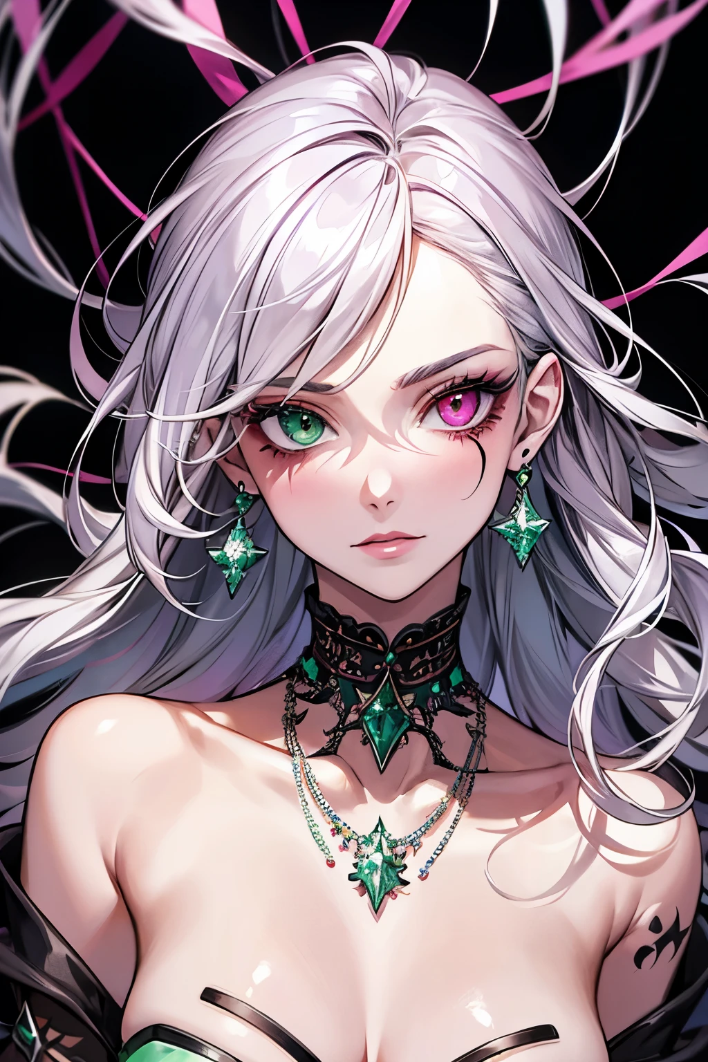 best quality, super fine, 16k, incredibly absurdres, extremely detailed, delicate and dynamic, cool and beautiful pretty woman, silver messy hair, (heterochromia, emerald green eye, purple eye), face is painted in hot pink like wiring diagram, brightly colored tattoos on the neck, necklaces, chokers, earrings and accessories, glossy red lips, portrait, background pastel colors, floating hearts