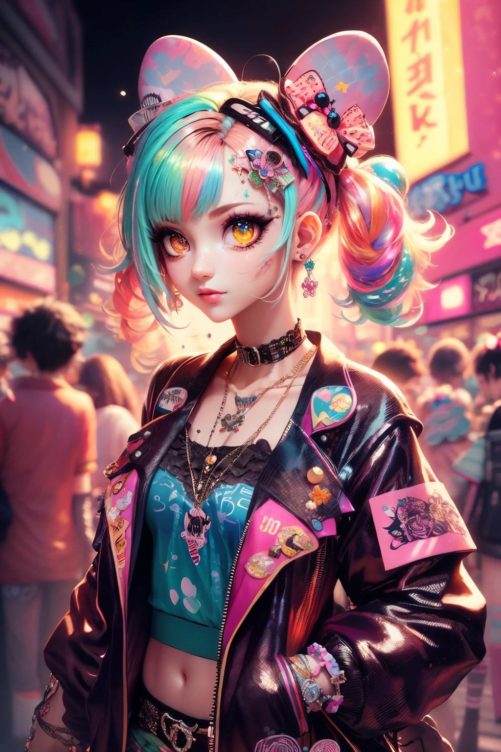 This is a colorful and ornate (masterpiece). Generate a trendy decora woman in the colorful and busy streets of Akihabara, Tokyo. Generate a lovely decora adult woman in the style of Olya Anufrieva on Artstation and Harajuku street fashion. Her clothes are vibrant in the Harajuku style. Include oversized accessories, neon colors, and inventive layering. The woman's clothes and accessories should be highly ornate in the ((((Harajuku decora)))) and decora kei style. The woman's hair is curly and glossy and styled cutely. The woman's clothes and accessories should be highly ornate in the Harajuku decora and decora kei style. Her eyes are important and stunning, with interesting coloring and patterns. ((Utilize dynamic composition, posing, and lighting to create an unforgettable piece of art.)) ((((iridescence and shimmer)))), glitter, best eyes, best quality, cyberpunk kei, visual kei, selfie, bold colors and patterns, LED lights, ((glowing neon signs)), ((ultra detailed)), dynamic composition, (((decora)))