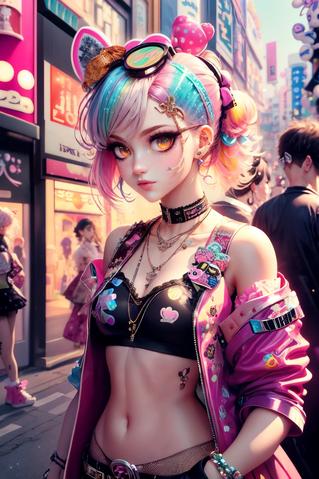 This is a colorful and ornate (masterpiece). Generate a trendy decora woman in the colorful and busy streets of Akihabara, Tokyo. Generate a lovely decora adult woman in the style of Olya Anufrieva on Artstation and Harajuku street fashion. Her clothes are vibrant in the Harajuku style. Include oversized accessories, neon colors, and inventive layering. The woman's clothes and accessories should be highly ornate in the ((((Harajuku decora)))) and decora kei style.  The woman's hair is curly and glossy and styled cutely. The woman's clothes and accessories should be highly ornate in the Harajuku decora and decora kei style. Her eyes are important and stunning, with interesting coloring and patterns. ((((iridescence and shimmer)))), glitter, best eyes, best quality, cyberpunk kei, visual kei, selfie, bold colors and patterns, LED lights, ((glowing neon signs)), ((ultra detailed)), dynamic composition, (((decora)))