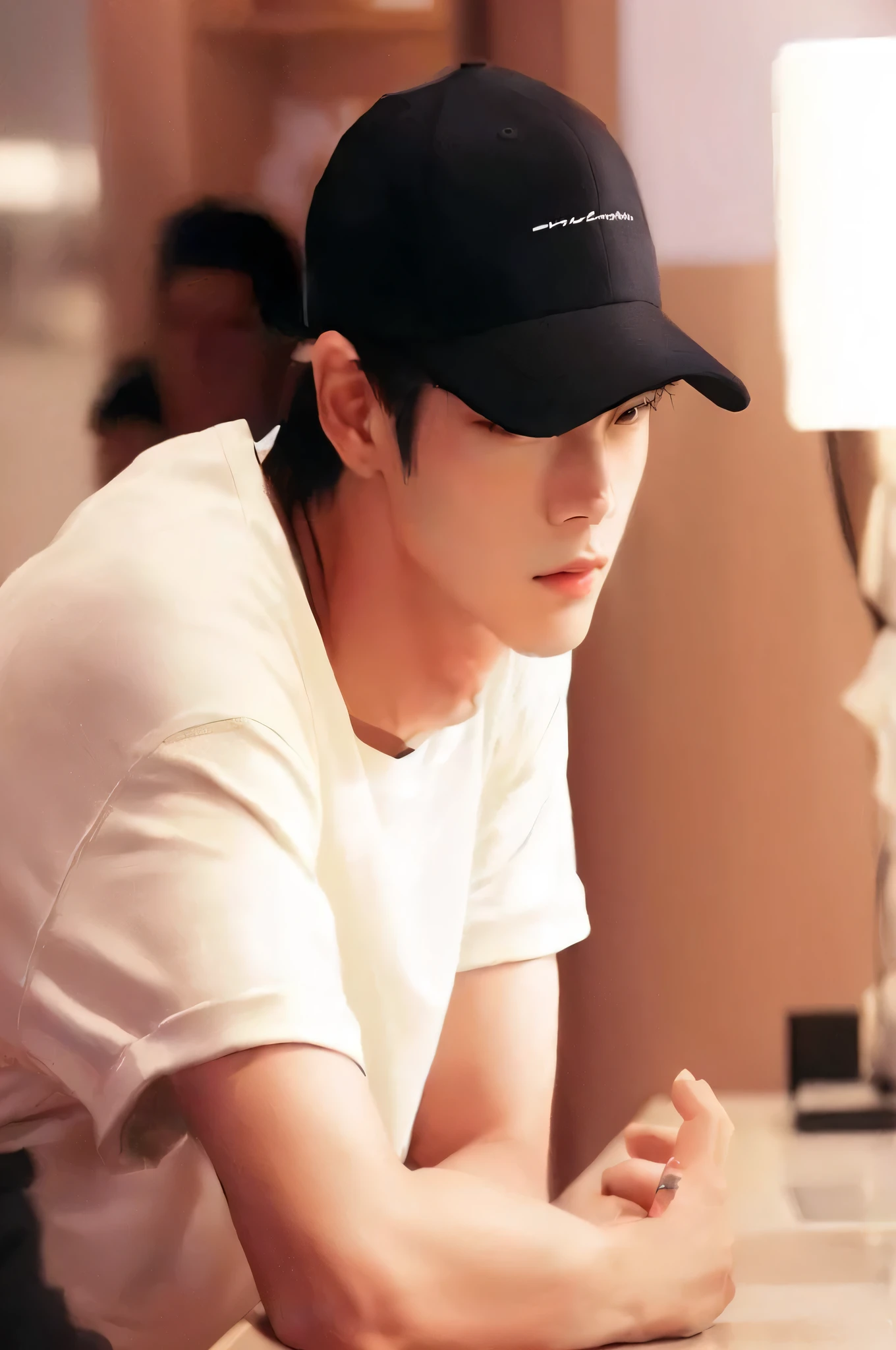 there is a man sitting at a table with a laptop, who is siwoo?, wearing a baseball cap, Jinyoung Shin, wearing a baseball cap, Lee Won Bin, Inspired by Jang Han, He is wearing a hat, Hyuntae, Jaehyun Jeong, Doyoung Kim, Zia, amazing, that, Korean Men, upside down wearing a baseball cap, Taejun Kim