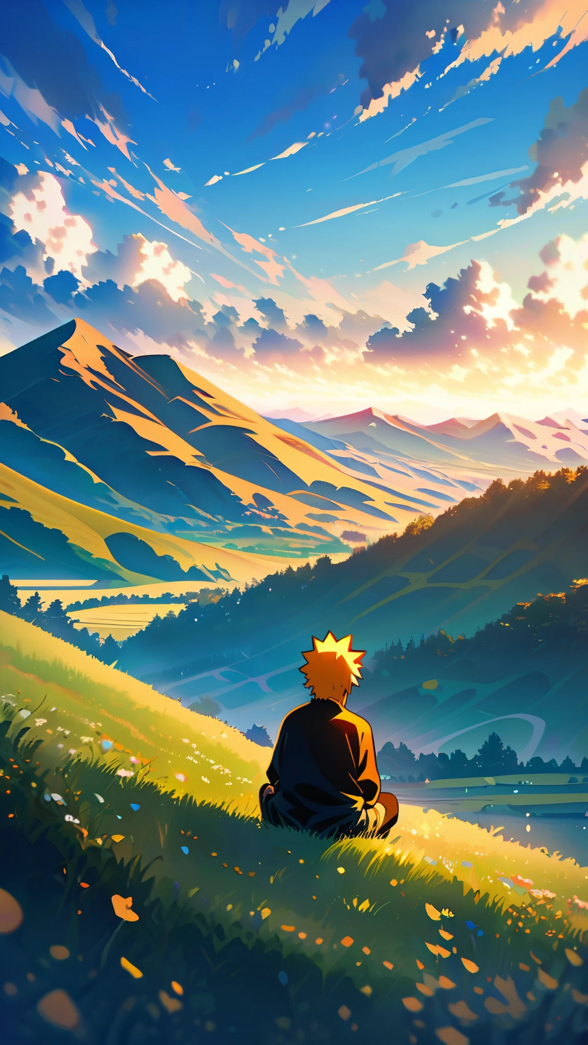 Generate an 8K AI image showcasing a young Naruto Uzumaki sitting watching mountains on a cliff in a picturesque landscape, blue sky, with a serene and peaceful atmosphere. The camera is positioned at a long distance, capturing Naruto's as he gazes out at the beauty around him. Surrounding Naruto is a tranquil scene of rolling hills, vibrant meadows, and clear blue skies dotted with fluffy clouds. The sunlight gently bathes the landscape, casting warm hues across the scene and creating a sense of calm and contentment. Ensure Naruto's expression reflects his youthful exuberance and joy, perfectly complementing the beauty of the peaceful background.